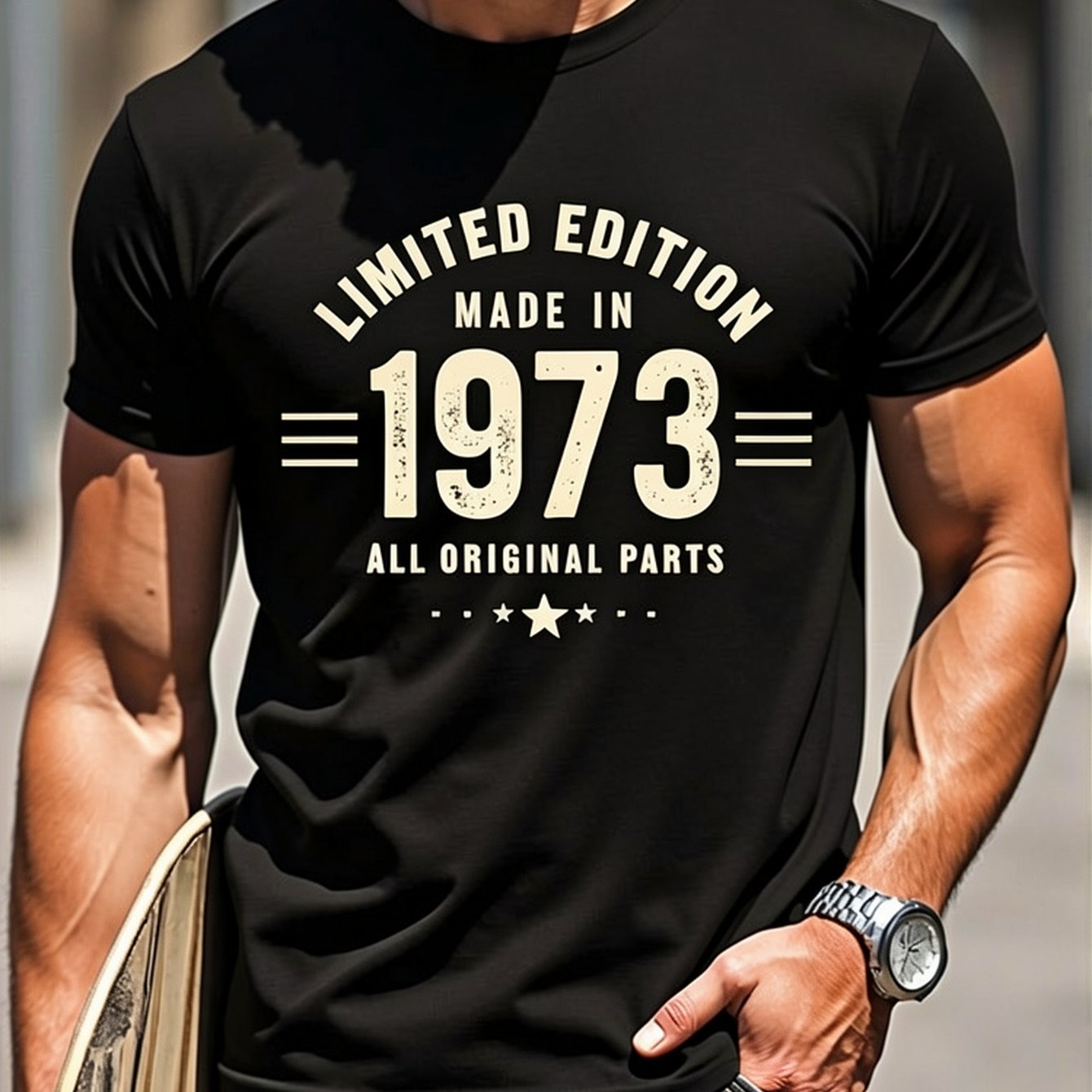 Image of Men's Retro 1973 Vintage-inspired T-shirt? Soft 100%, 180gsm Crew Neck Tee With Distressed Graphic Design Featuring Edition And Parts? Perfect For Casual Wear, Birthdays, Or Collectors