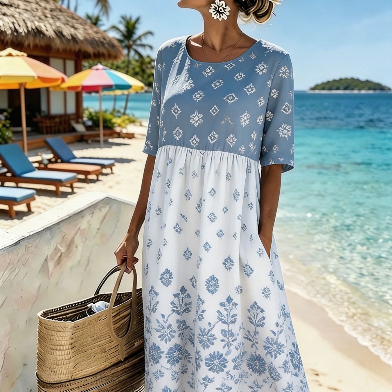 Women's Elegant Midi Dress - Casual 3/4-sleeve, Crew Neck, Loose-. Machine Washable. A Comfortable Beach And Vacation Dress, Perfect For Travel, Getaways, And Everyday