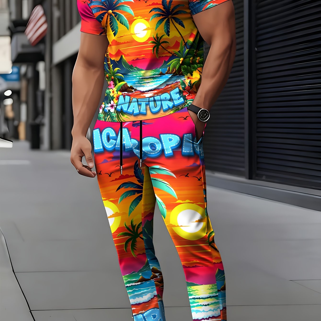 TEMU Men's Spring/summer Fashion Casual Set, High-definition Tropical Print Round Neck Short-sleeve T-shirt   Drawstring Sports Pants 2pcs Set,