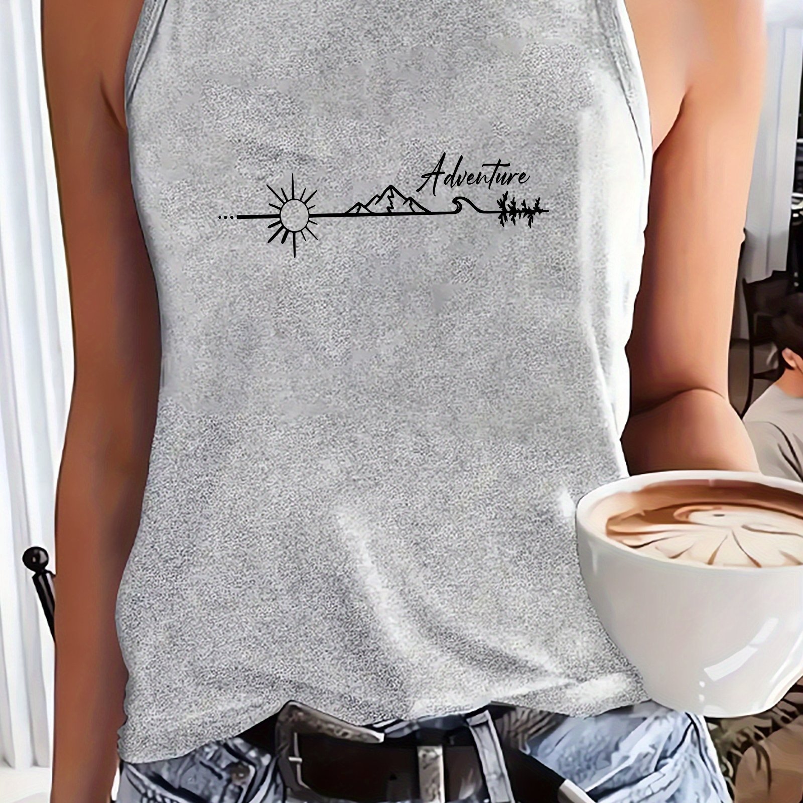 TEMU Women's Y2k Sleeveless Tank Top - Light Grey With Adventure Mountain Graphic, Stretchy Fabric For Gym, Travel, Casual Attire - Non-transparent