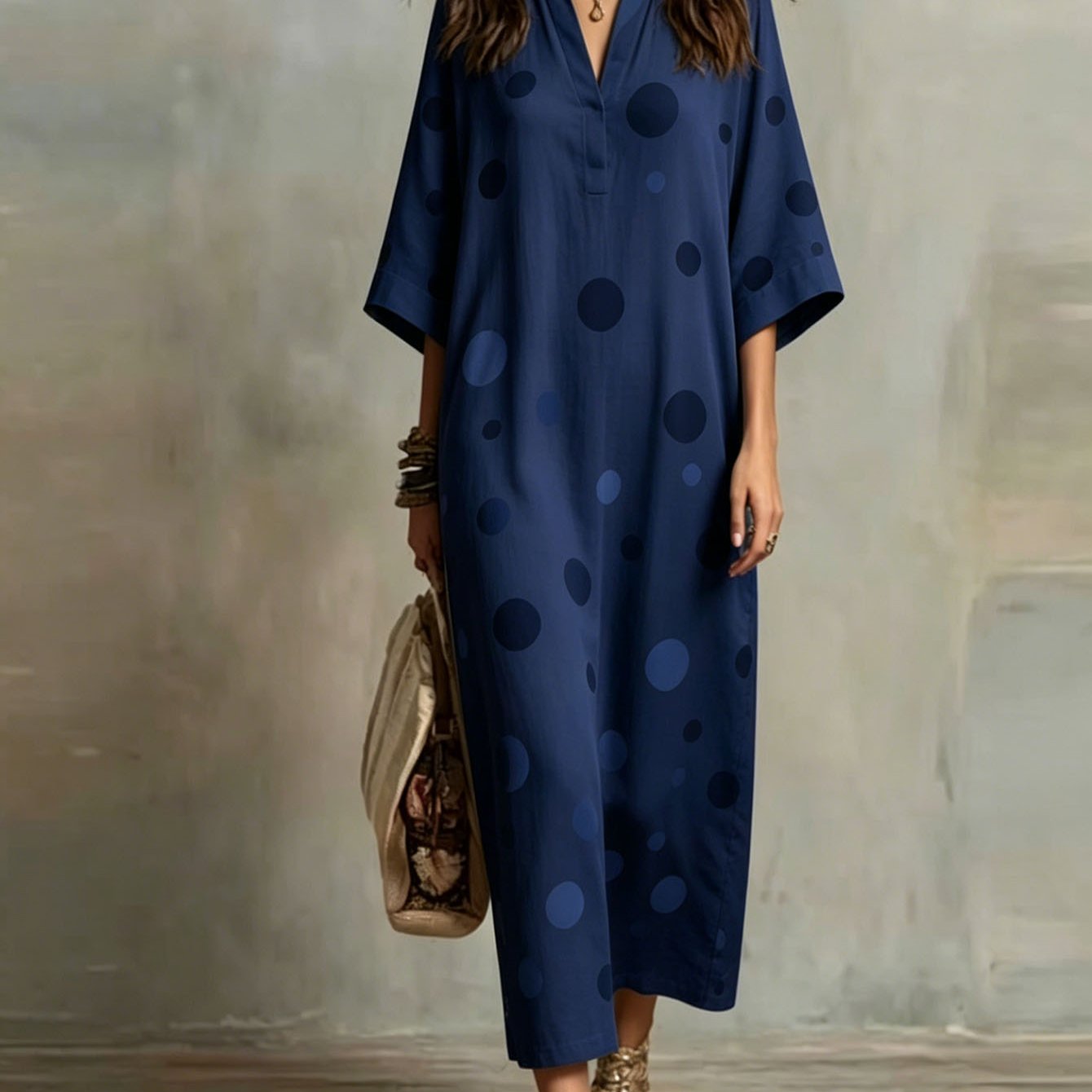 Plus Size - Gradient Large Small Polka Dot Print Lapel -sleeve Loose Maxi Dress, -friendly Easy Vacation Versatile Long Dress Perfect Gift Pick