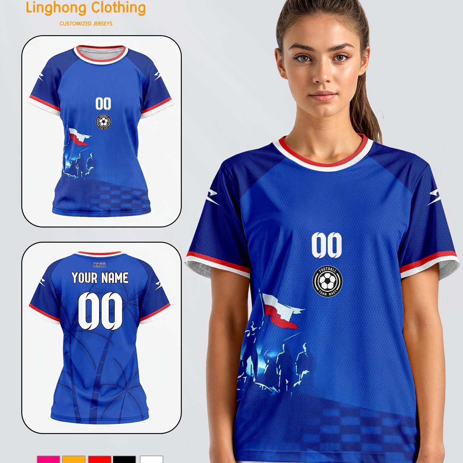TEMU T-shirt de football pour femmes 2026 Haïti avec nom personnalisé, numéro et LOGO. T-shirt confortable, respirant et à séchage rapide pour