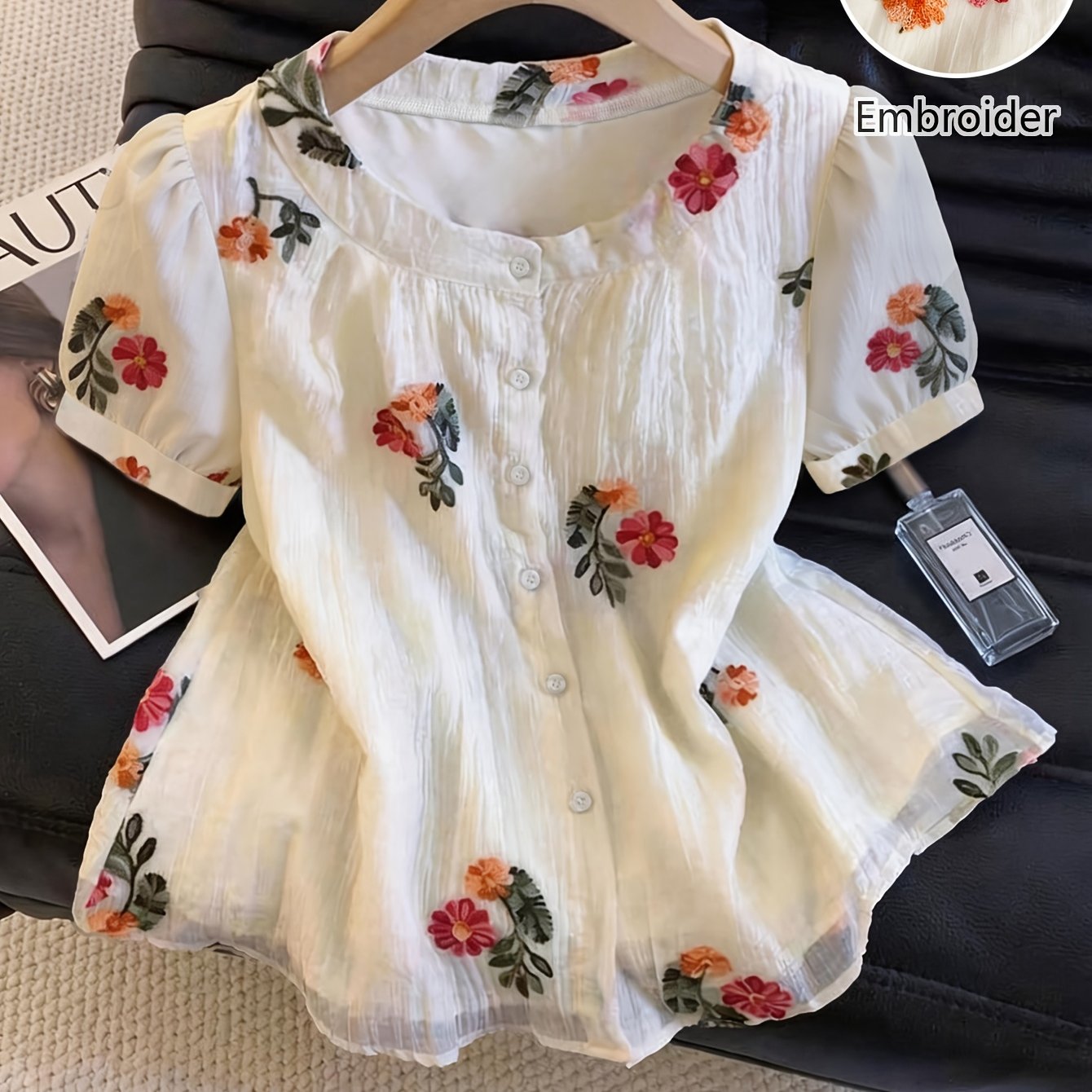 TEMU Summer New Exquisite Embroidery Textured Women's Round Neck Shirt