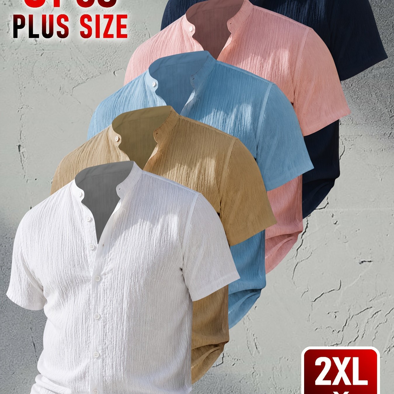 TEMU [ Ying Obm] 5pcs Men's Plus Size Summer Short Sleeve Shirts - Lightweight Breathable Solid Color Button-up Shirts, Casual Collar Tops, Ideal For