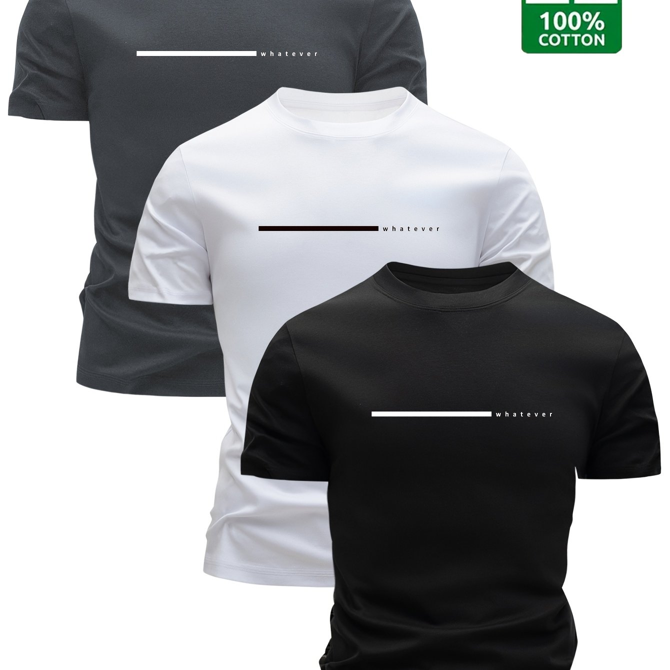 3pcs Men's 100% Cotton T-shirts, Summer Lightweight Short Sleeve Top Breathable Moisture Wicking