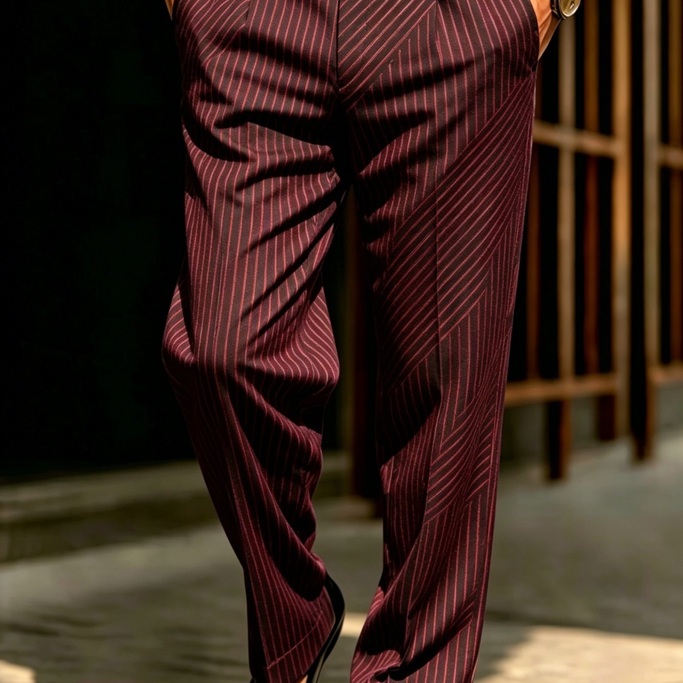 Image of Men's Vintage Burgundy Pinstripe Digital Printed Straight Trousers, Autumn Business Casual Commuter Pants, Ideal Gift For Men