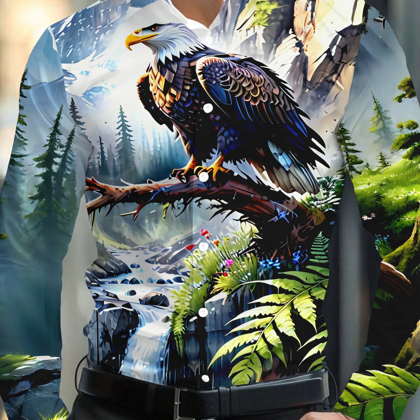 TEMU 2026 Men's Long Sleeve Shirt, Individual Mountain Eagle Print, Outdoor , Daily Casual Versatile Style, Machine Washable
