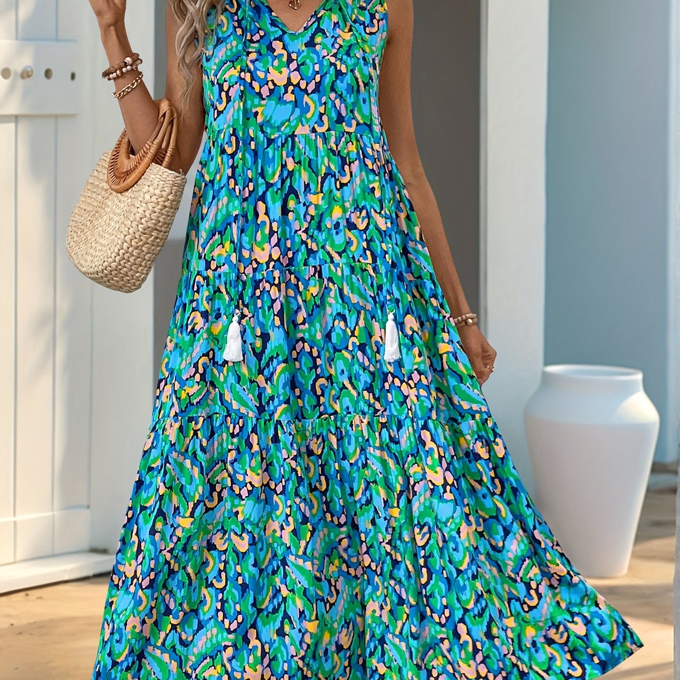 Spring/ Women's Sleeveless Bohemian Style Fringed Printed Dress
