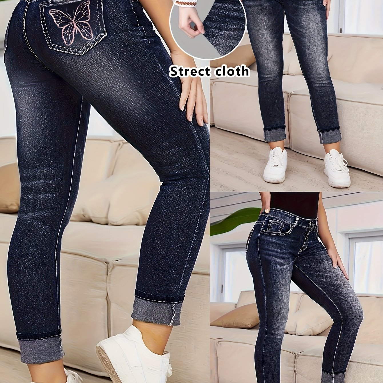 Women's Stretchy Fashionable Versatile Embroidered Slim Straight-leg Pants With Elastic Waist And -lifting Comfortable Trousers Denim Jeans