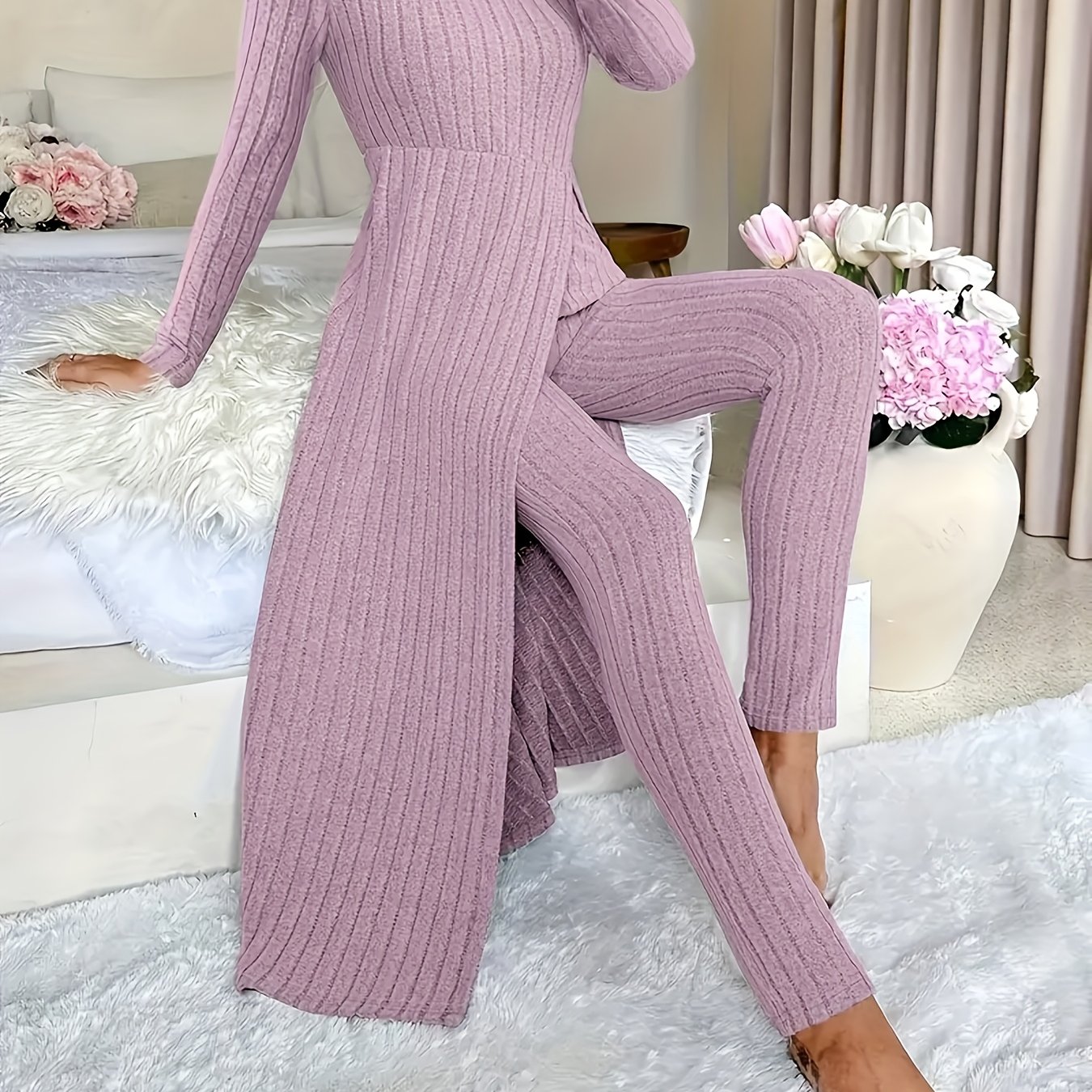 TEMU Autumn-winter Casual Robe And Long Pants Set, High Slit Dress Set, Hair Needle Material, Suitable For Daily Wear, Home Casual Wear