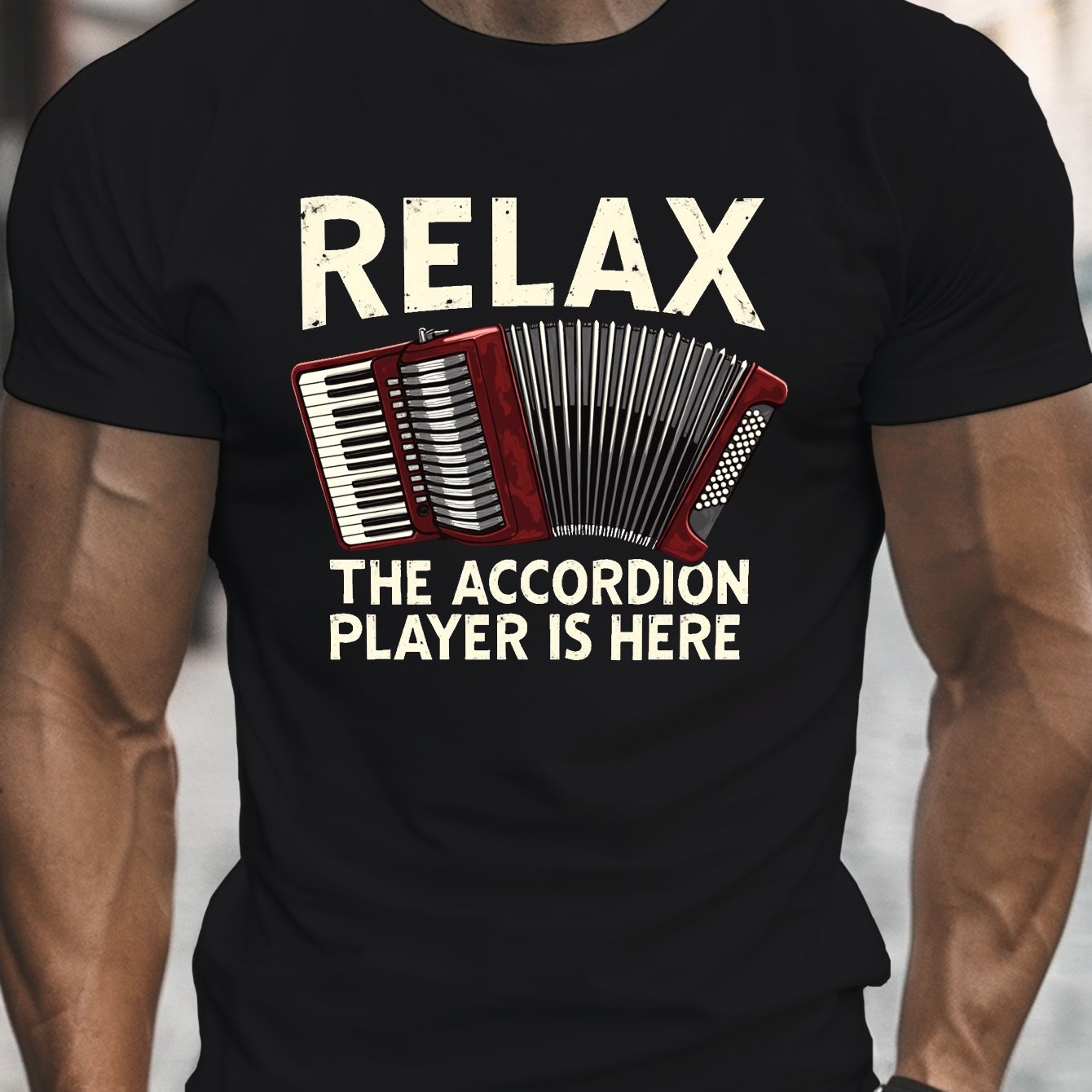 TEMU Men's Casual "relax, The Accordion Player Is Here" T-shirt - Lightweight, Round Crew Neck, Short Sleeve, Top With Accordion Graphic, Casual