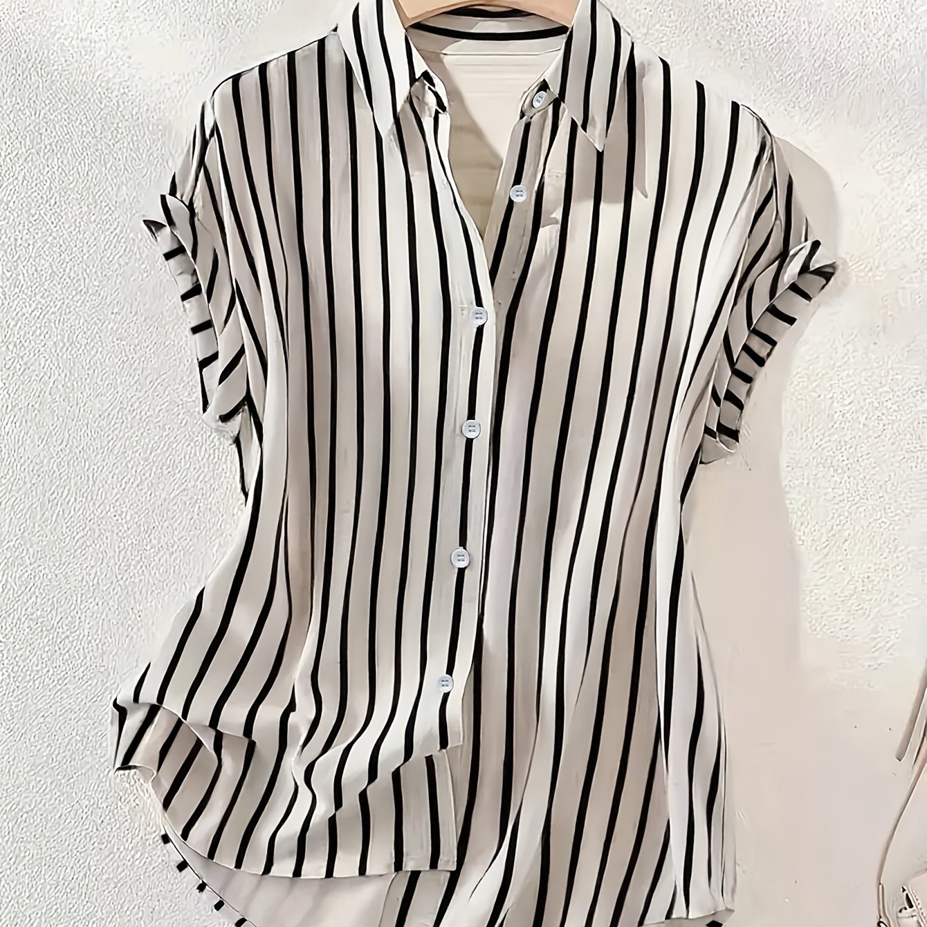 TEMU Summer Fashion Women's Striped Single-button Collar Drop Shoulder Short Sleeve Shirt