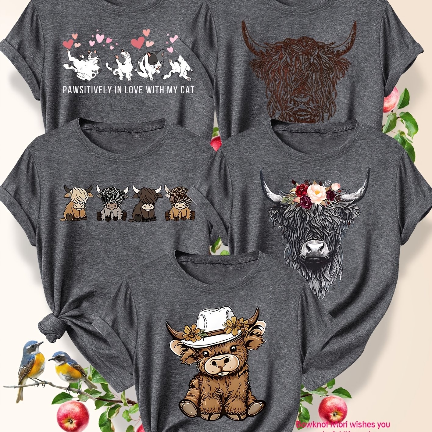 TEMU A Set Of 5 Matching Sister Outfits Featuring A Surprise Gift With Highland Cow Floral Designs, Western-style Cute Printed Round-neck Casual