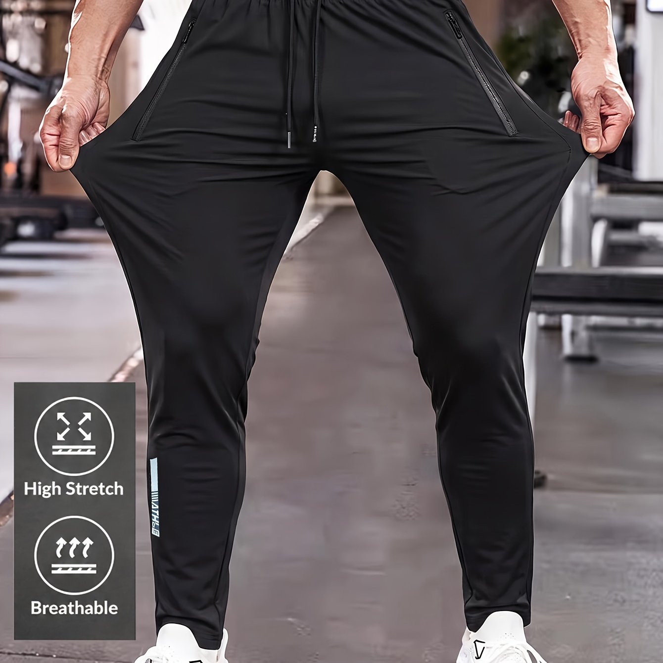 TEMU Men's Quick- Jogger Pants With High Elasticity, Zippered Pockets, And Drawstring Waist For Casual Running