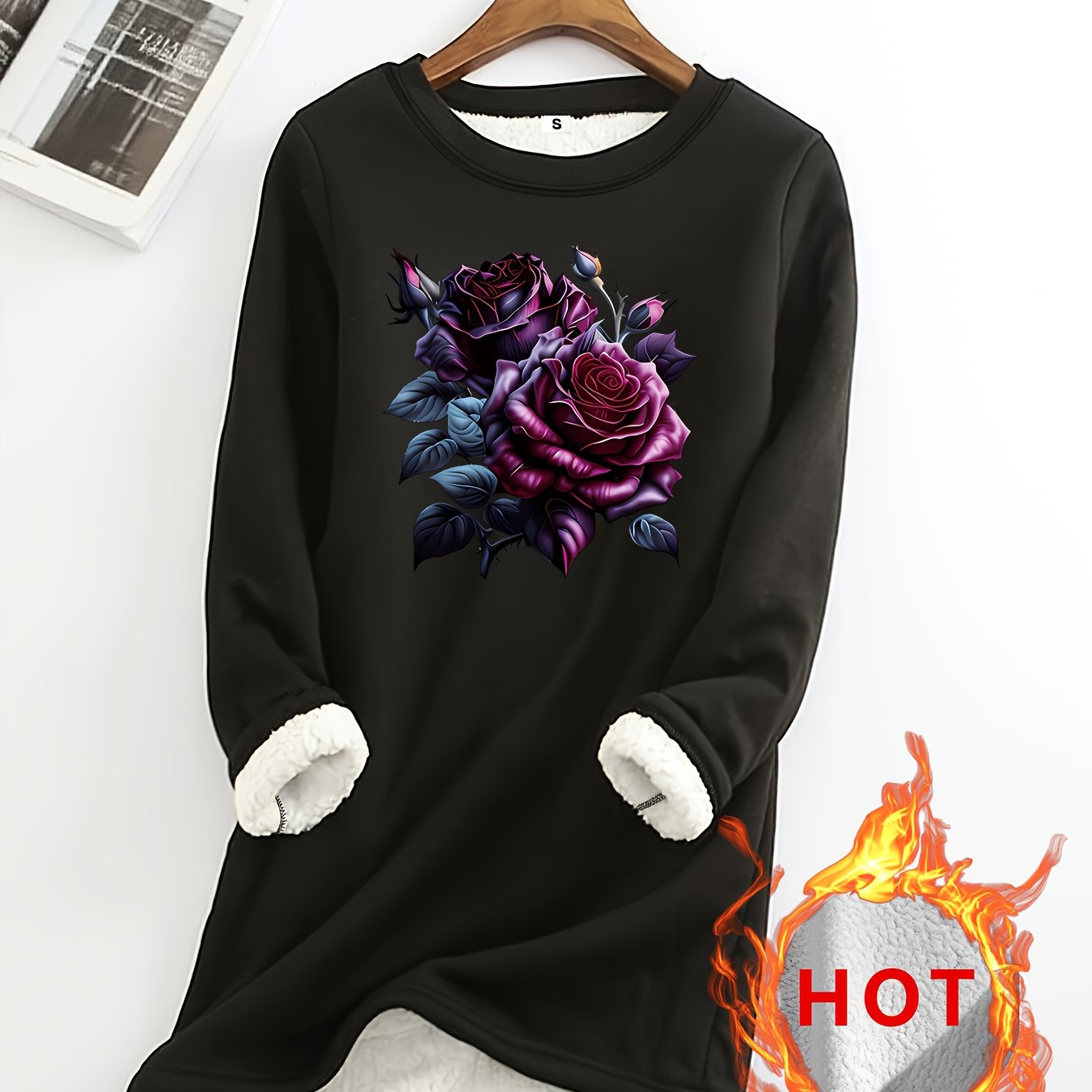 TEMU Sweatshirt Grande Taille pour Femme à Manches Longues Imprimé et Doublé en - Automne/Hiver, Doublure Chaude pour , Imprimés Vifs, Coupe