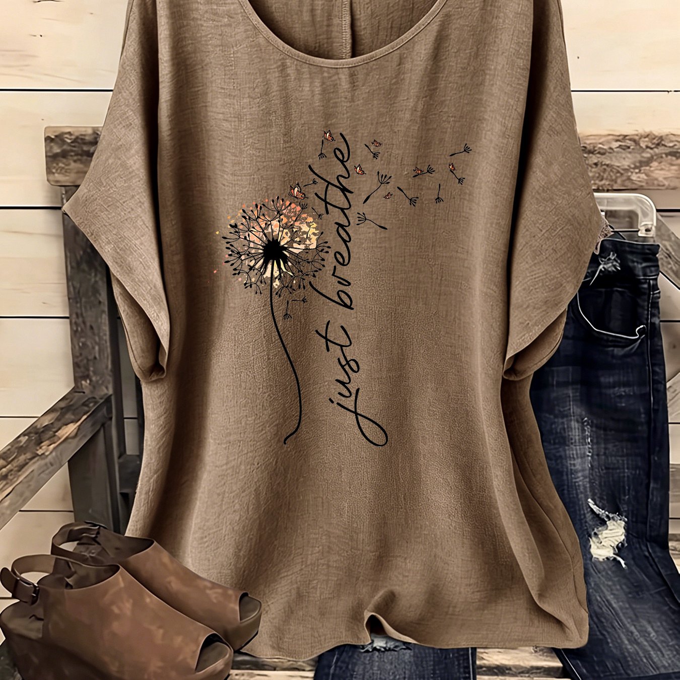 TEMU European And American Women' Creative Bohemian Floral Round Neck Drop Shoulder Sleeve Shirt, Elegant Party Women's Wear, Suitable For Spring,