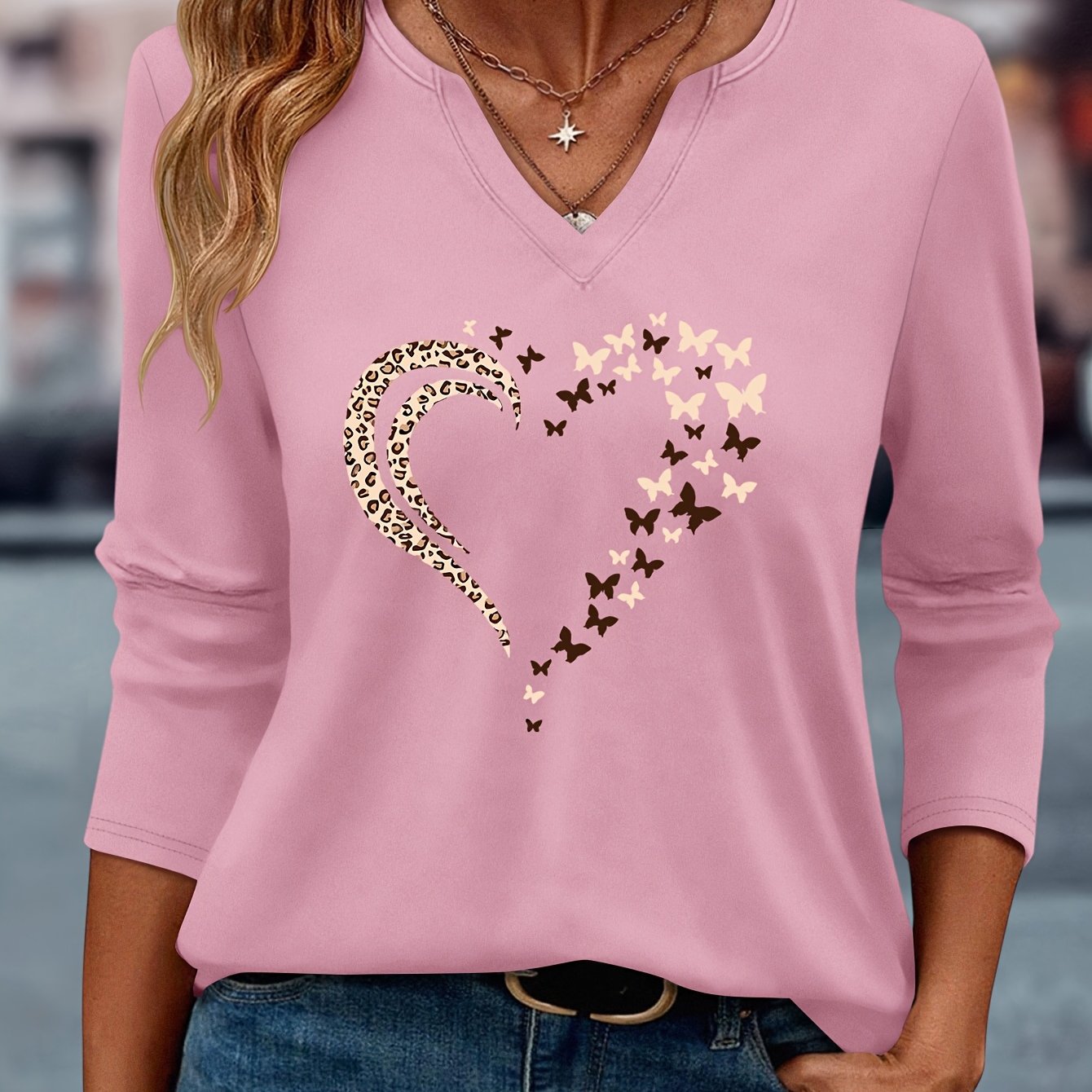 TEMU Heart And Pattern European And American Women' Simple Comfortable V-neck Three-quarter Sleeve T-shirt_1