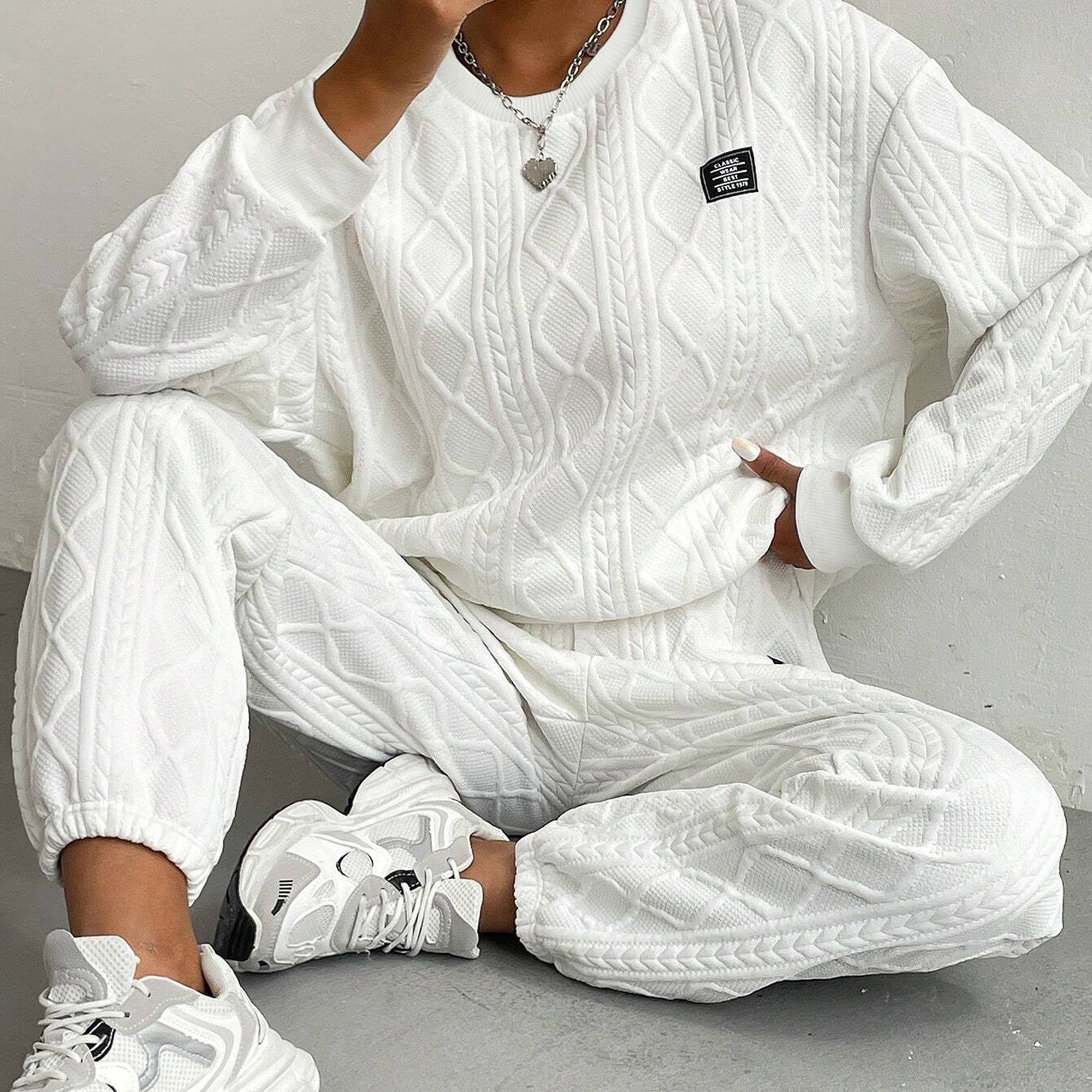 TEMU Patched Textured Casual Pants Set, Crew Neck Long Sleeve Sweatshirt & Waist Pants Outfits, Women's Clothing