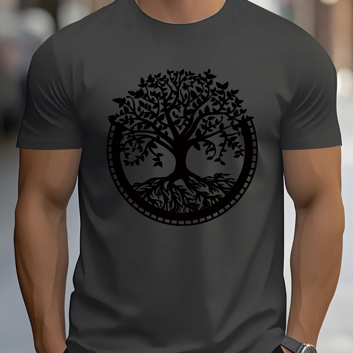 TEMU Summer Casual Short Sleeved T-shirt, Men's Tree Print T-shirt, Comfortable And Versatile, Breathable Polyester Fiber Fabric, Round Neck Short