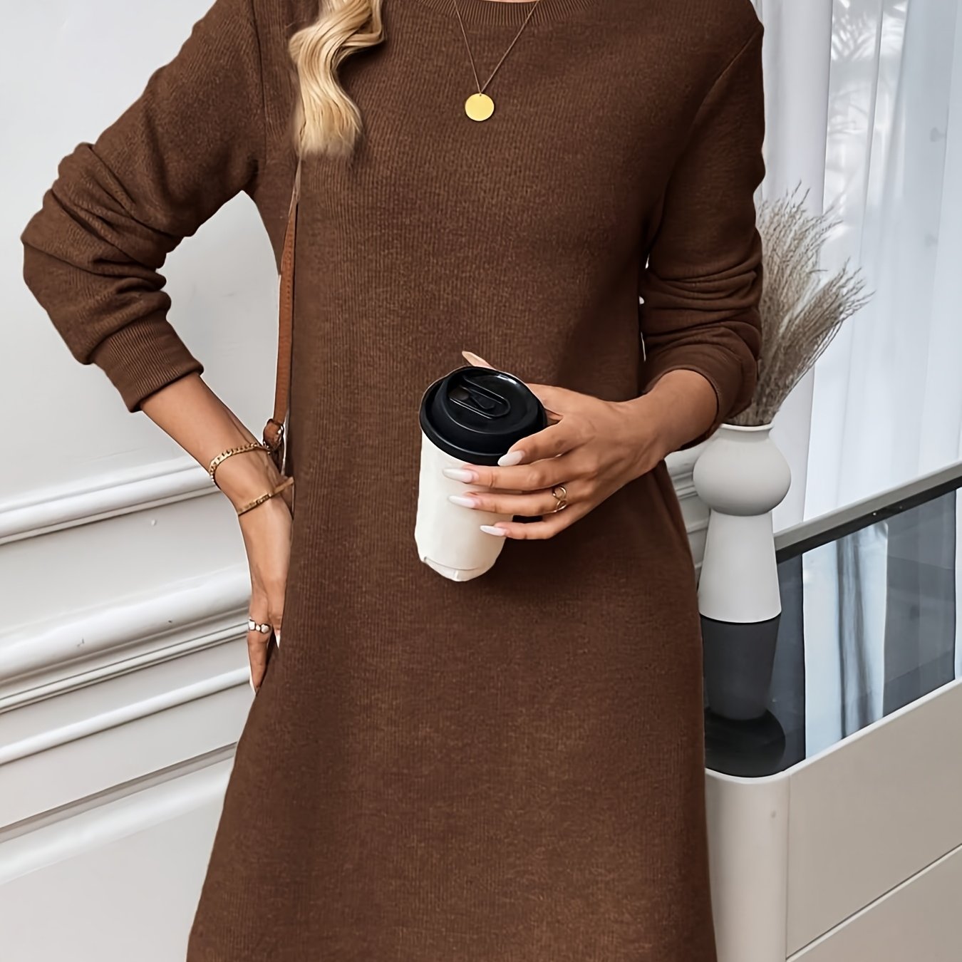 Women's Casual Ribbed Round Neck Crop Dress, Autumn/ Winter Style "