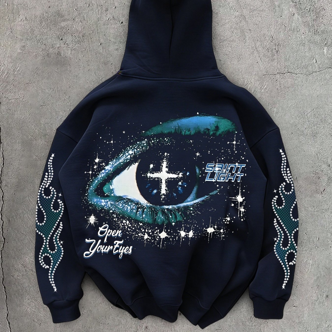 TEMU Street Y2k Eye Print Hooded Sweatshirt For Women, Autumn/winter Oversized Rhinestone Flame Print Pattern Loose Streetwear Dark Spicy Sweatshirt