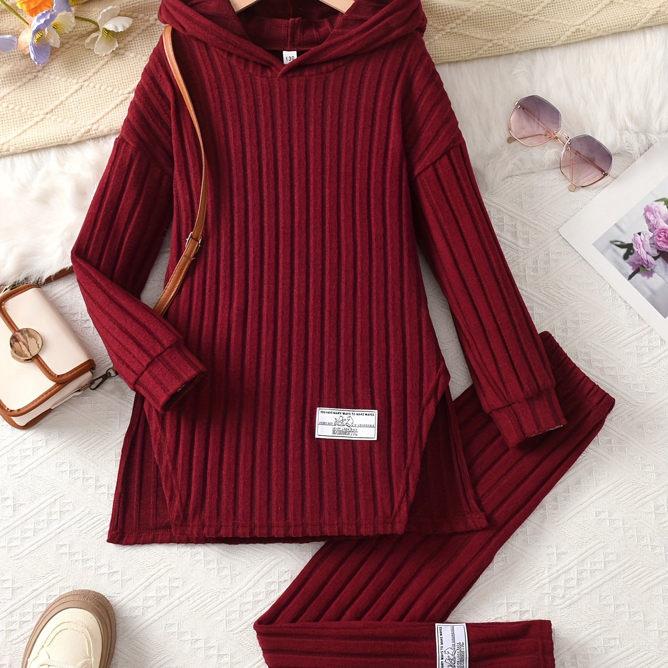 Image of Girls' 2pcs Set, Long Brushed Solid Color Patch Hoodie Pullover And Elastic Waist Leggings, Girls' Autumn Winter Casual Set, Perfect For Outdoor