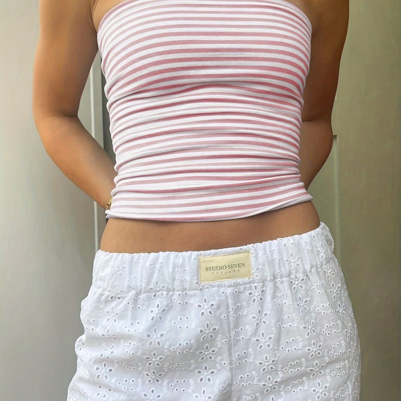 E-shop Damen Sommermode Lässiges Color-Block Gestreiftes Slim Fit Trägerloses Top
