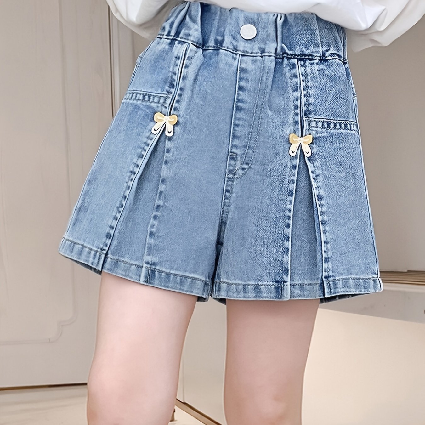 Image of Kids Clothes Girls Summer Versatile Embroidered Denim Shorts, Girl Soft Washed Stretch A-line Loose Jean Pants, Casual Daily Wear Bottoms, For Outdoor
