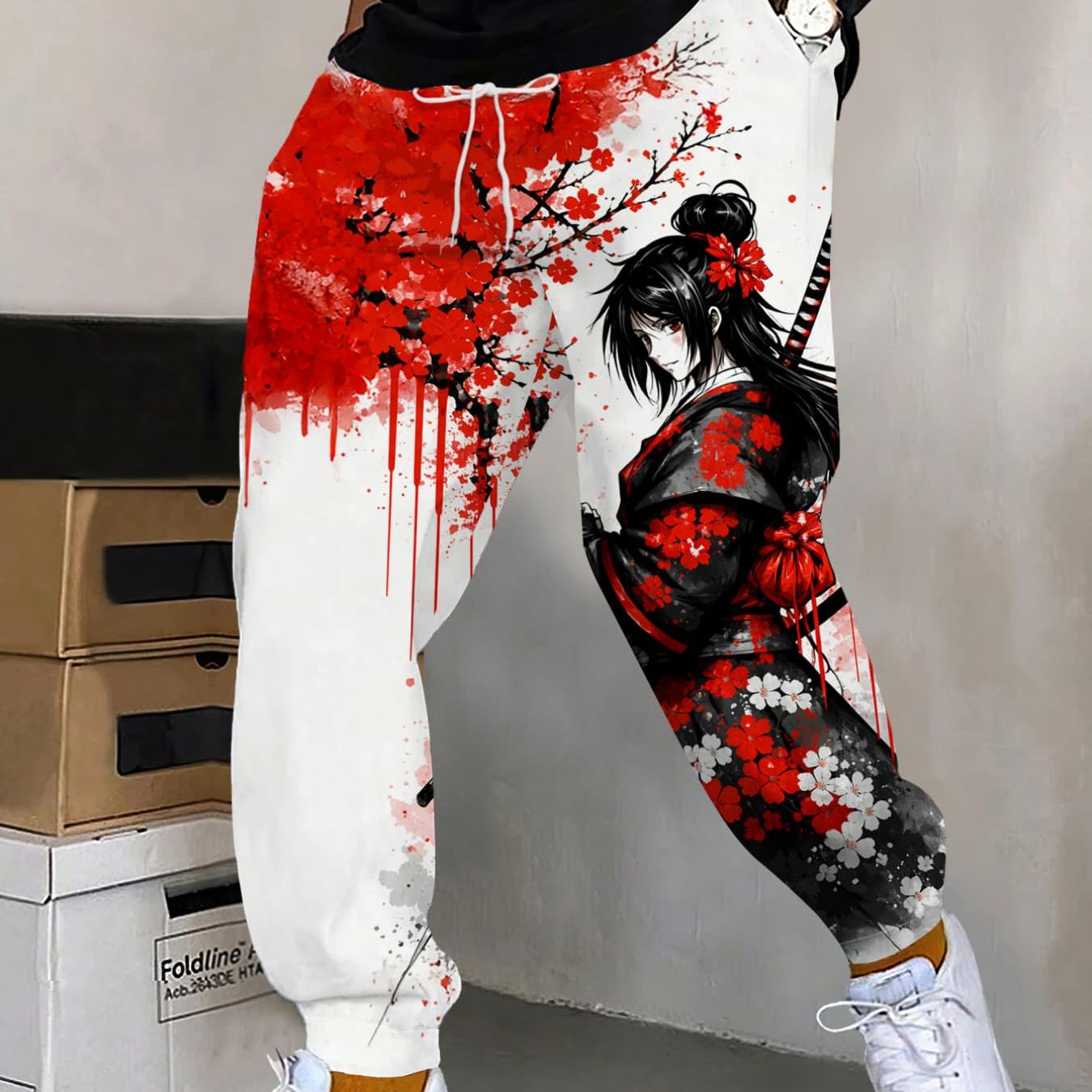 TEMU Men's Japanese Ink Wash Cherry & Print Sweatpants - Loose-fit -themed Pants With Japanese Calligraphy, Casual Wear For Themed Events & Everyday