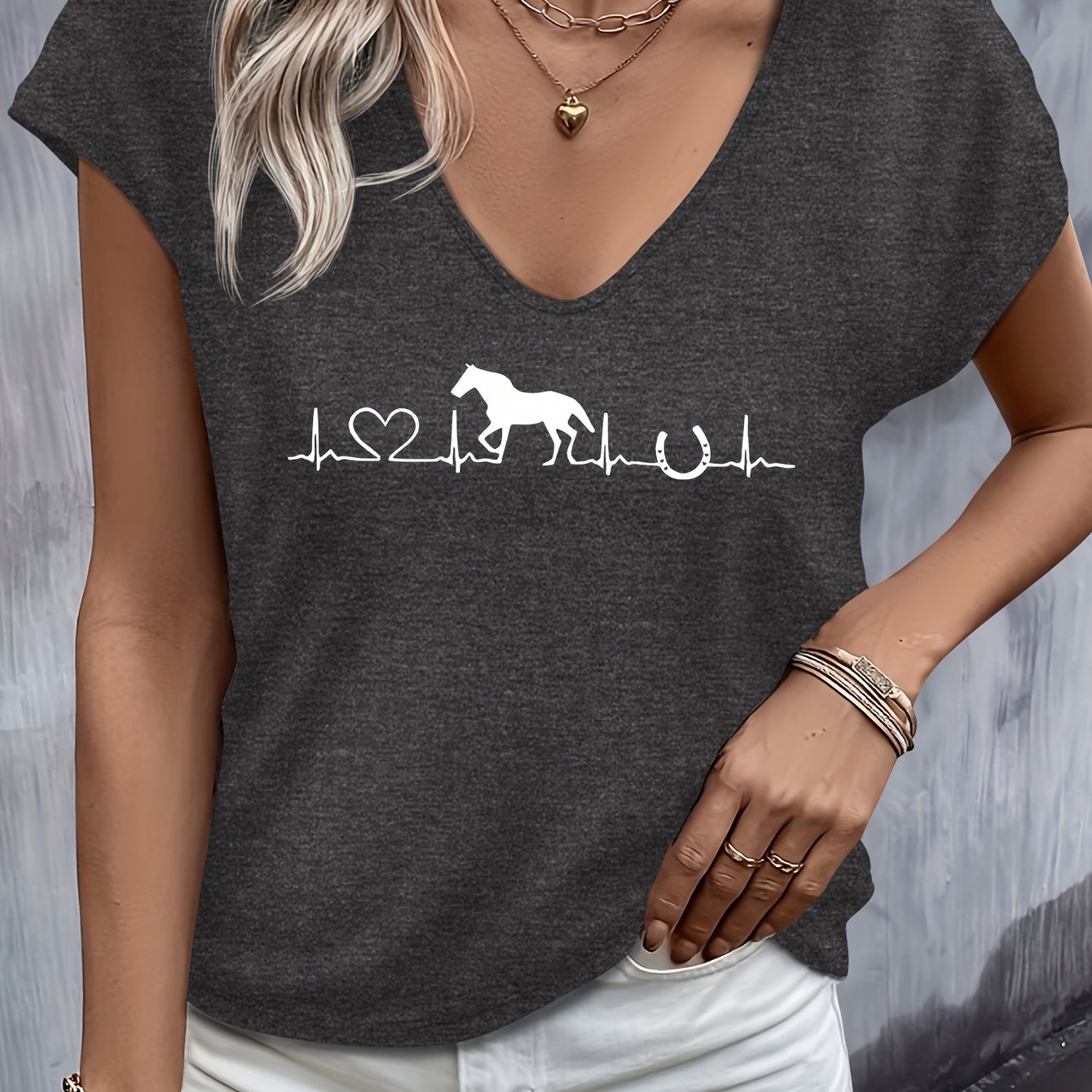 TEMU Heart And Horse Pattern Print Spring/summer Vest-style V-neck Seamless Shoulder Short-sleeve T-shirt
