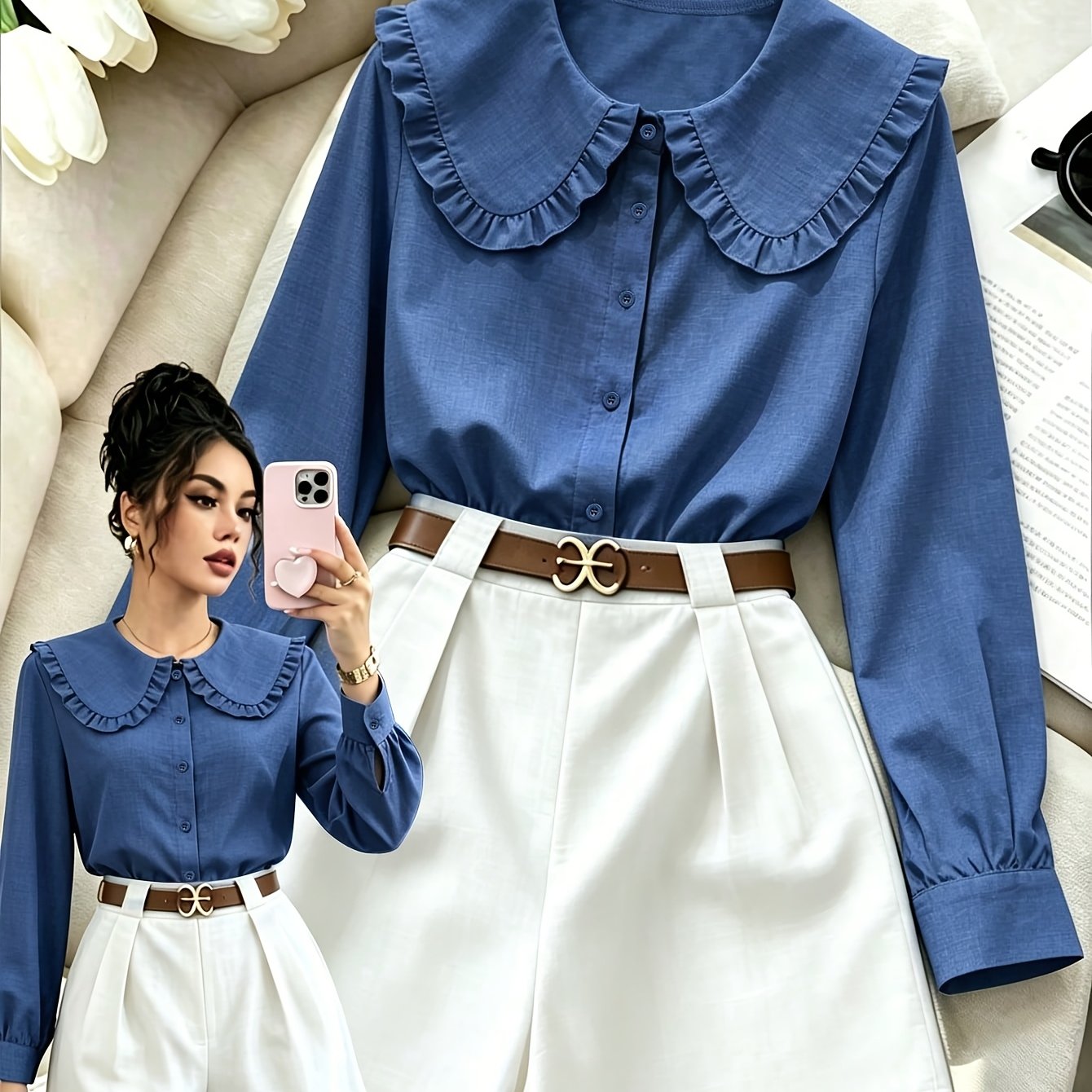 TEMU New Women's Fabric Peter Pan Collar Versatile Shirt, Graduation Season Commuter Women's Shirt, Suitable For Spring, Autumn, And Winter
