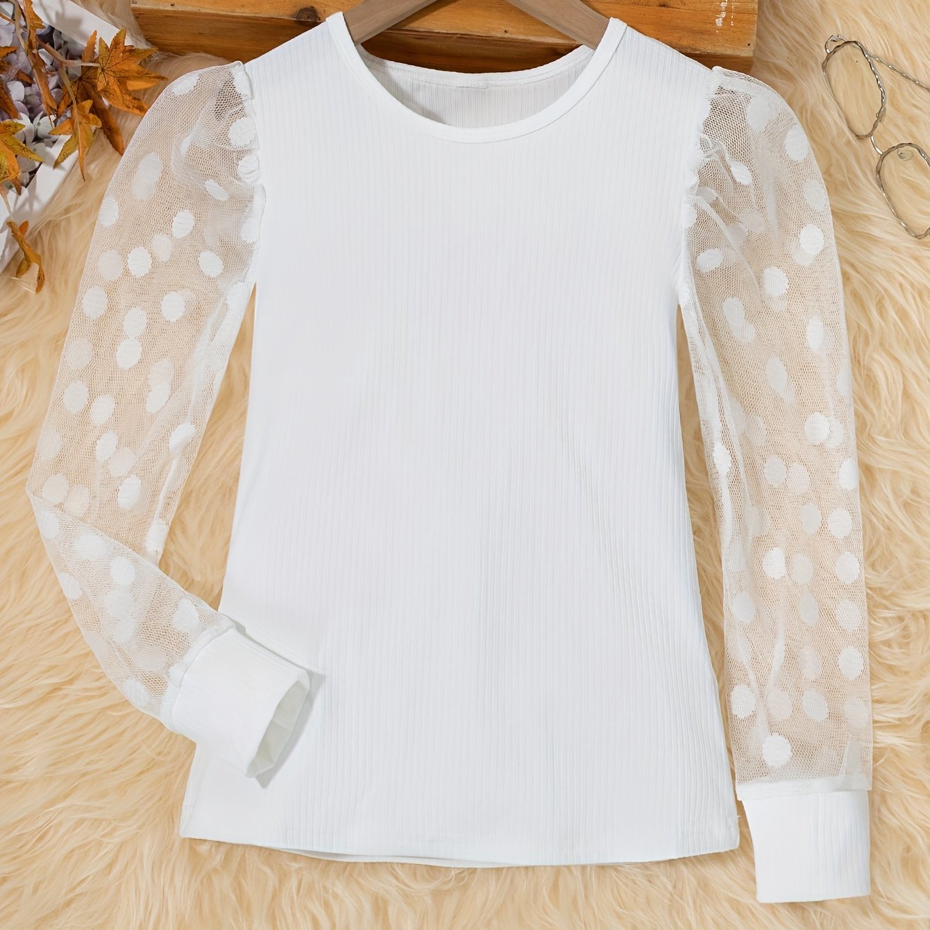 Girls' Korean Style Mesh Sequin Round Neck Solid Color Long Sleeve Top