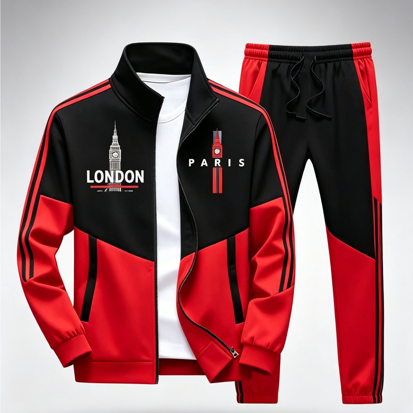 Image of Men's Color- Tracksuit With Print, Zip-up Stand Collar Jacket & Jogger Pants 2pcs Set, Casual Sportswear, Breathable & Comfortable, Perfect For , Plus Sizes