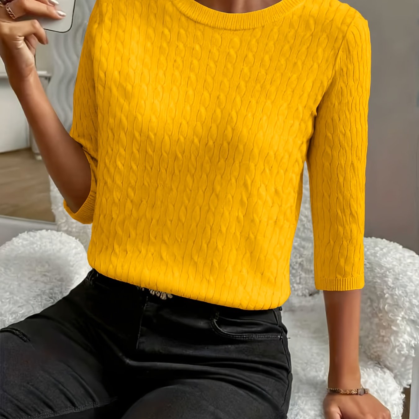 TEMU Simple Round Neck Versatile Comfortable Ribbed Three-quarter Sleeve Pullover Sweater