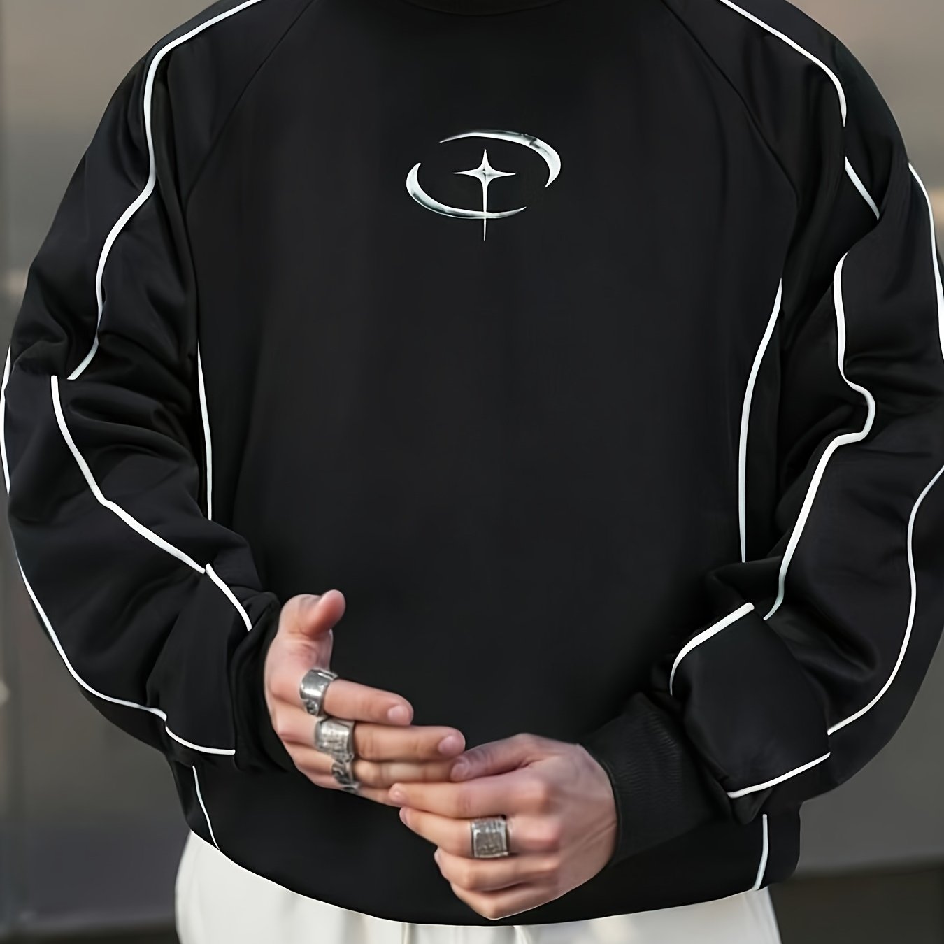 E-shop Herren Freizeit-Pullover-Sweatshirt mit Kontrastbesatz, Frühling/Herbst, schwarzes Sweatshirt, Langarm-Top