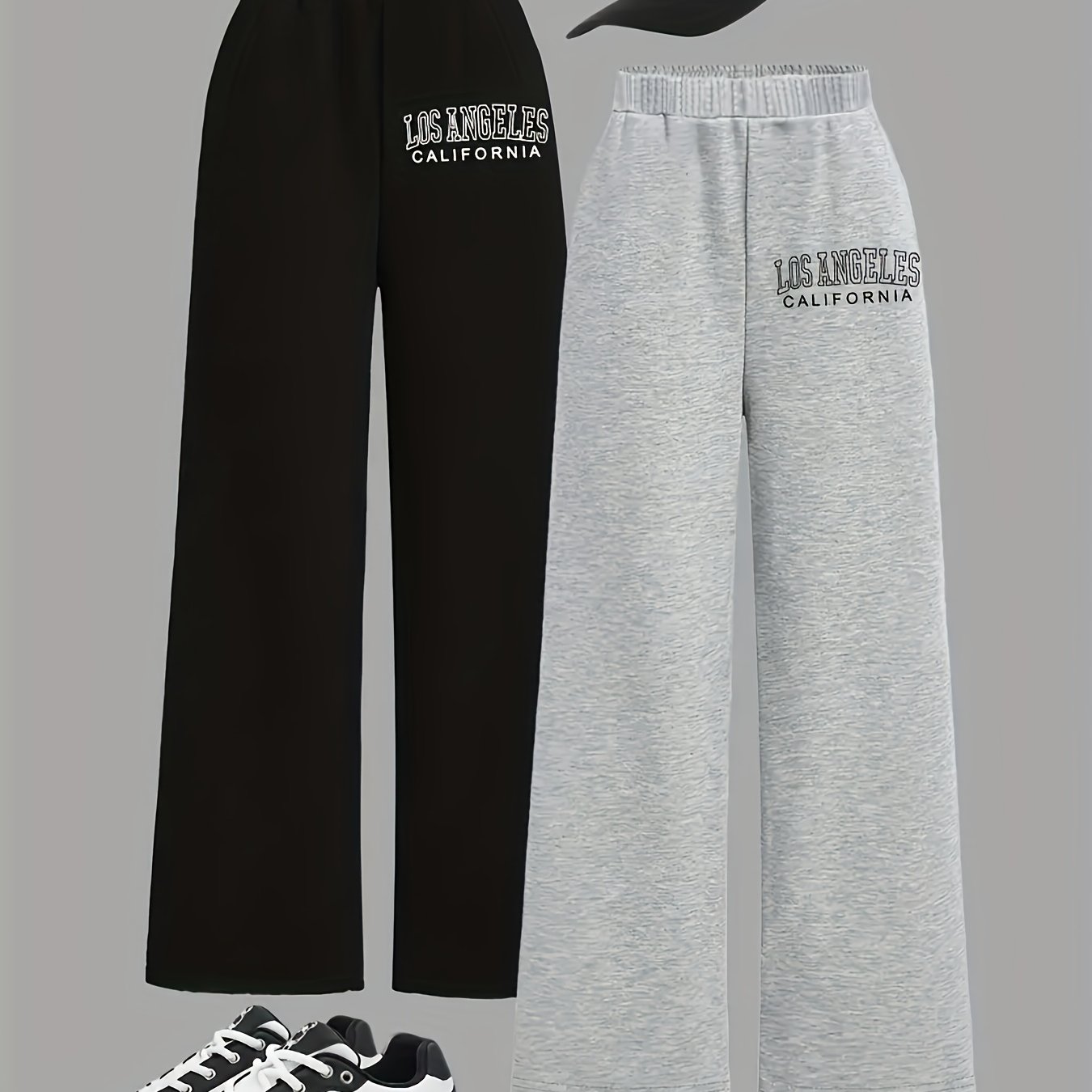 Image of Multi-pc Los Angeles California Letter Print Wide-leg Pants Set - Stretch Athletic Wear, Elastic Waist, Casual Knit Fabric Trousers, Ages 3+, 2-pc, Outdoor Use, For Outdoor