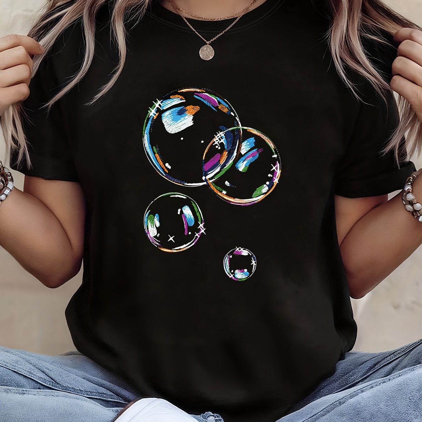 TEMU Plus Size - Colorful Graffiti Bubbles Artistic Graphic Print Plus Size Women's T-shirt, Short Sleeve Crew Neck Casual Top For Summer And Spring,