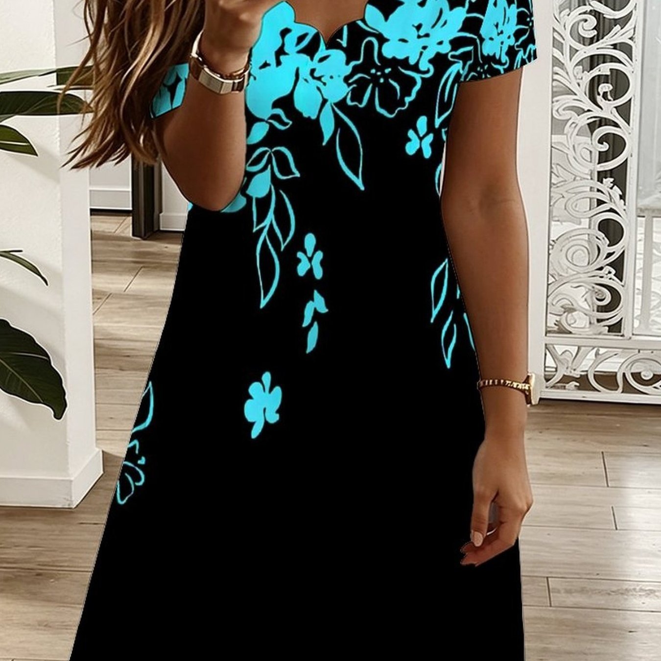 Plus Size, Summer -neck Short Sleeve Dress, All Over Geometric , Elegant Women Dress For Vacation Casual Party