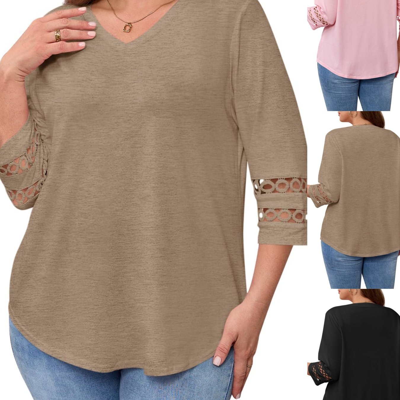 Plus Size - Plus Size - Plus Size 3/4 Sleeve Tops For Women, Featuring A V-neck, Loose Fit, And Stylish Eyelet Lace Design, Perfect For Casual Or Dressy Occasions