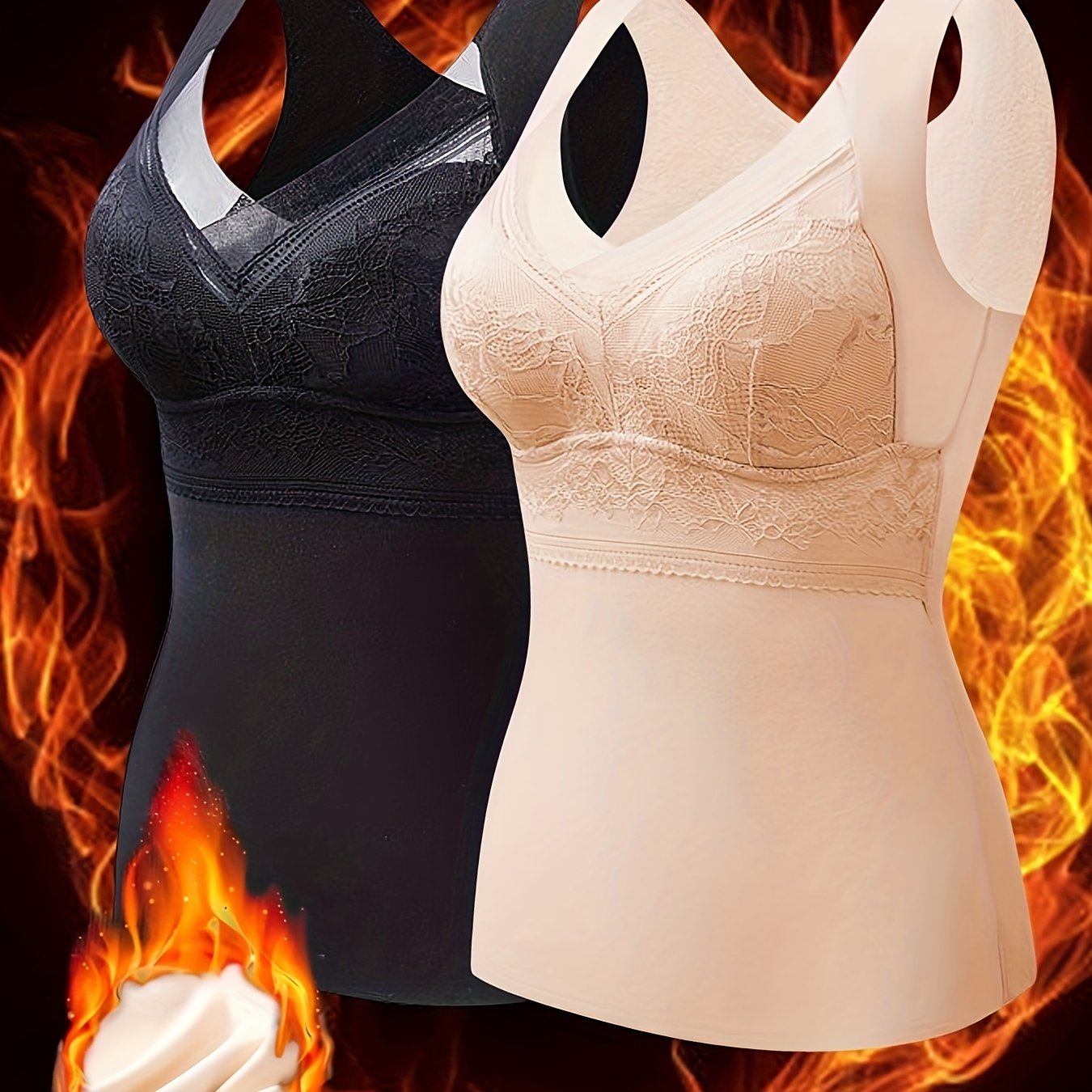 2pcs Contrast Lace Tank Tops, Soft & Comfortable V Neck Thermal Underwear Top, Women's Lingerie & Clothing