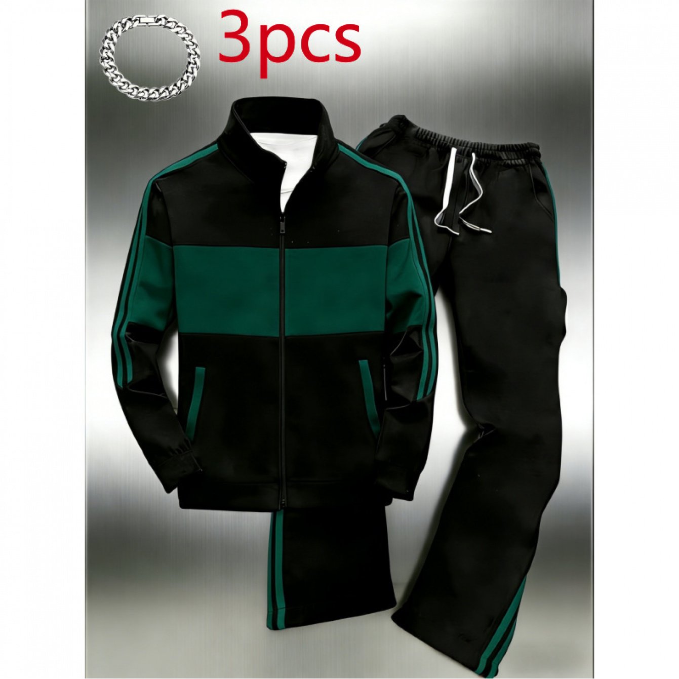 Image of 3pcs Men's Color- Zip-up Track Jacket And Jogging Pants Set - Classic Sportswear With Side , Unisex, Men's Gift . Ideal For Holiday Gifts To Family, , Brothers, . Complimentary Bracelet