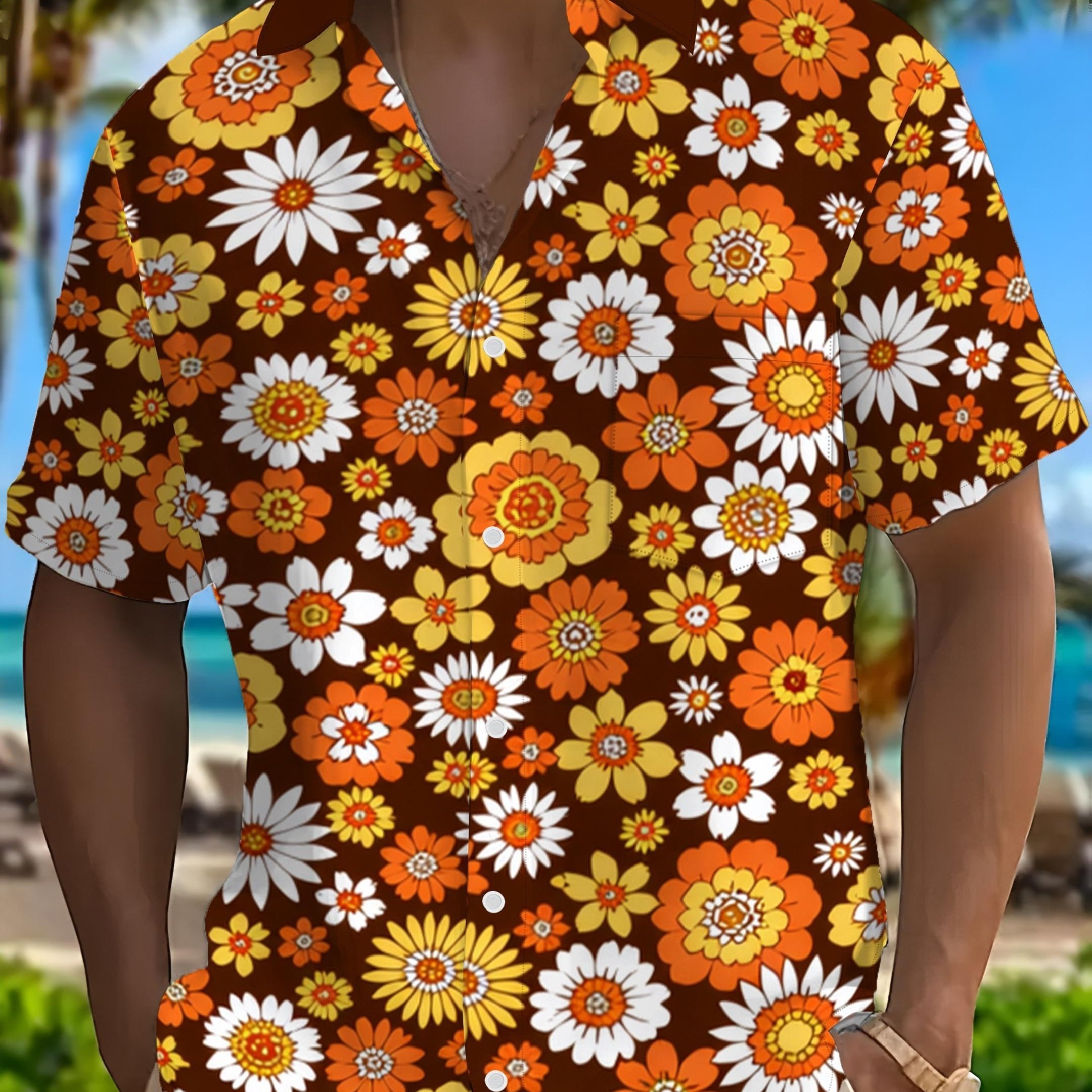TEMU Men's Floral Retro Button-up 70s Theme Disco Party Short Sleeve Beach Summer Outfit Men's Casual Short Sleeve Comfortable Fabric