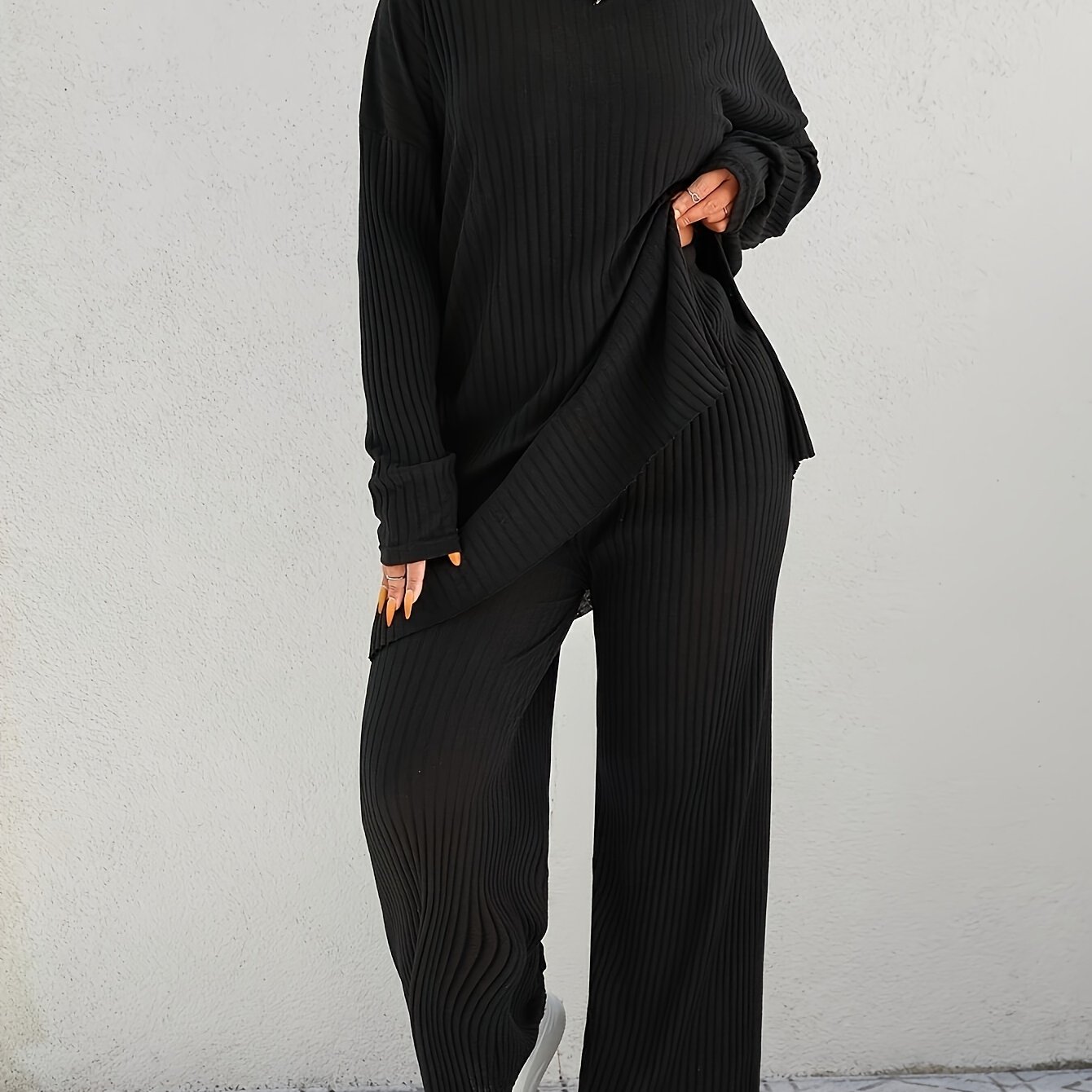 TEMU Plus Size, 2025 Ribbed Fabric Two-piece Slit Set