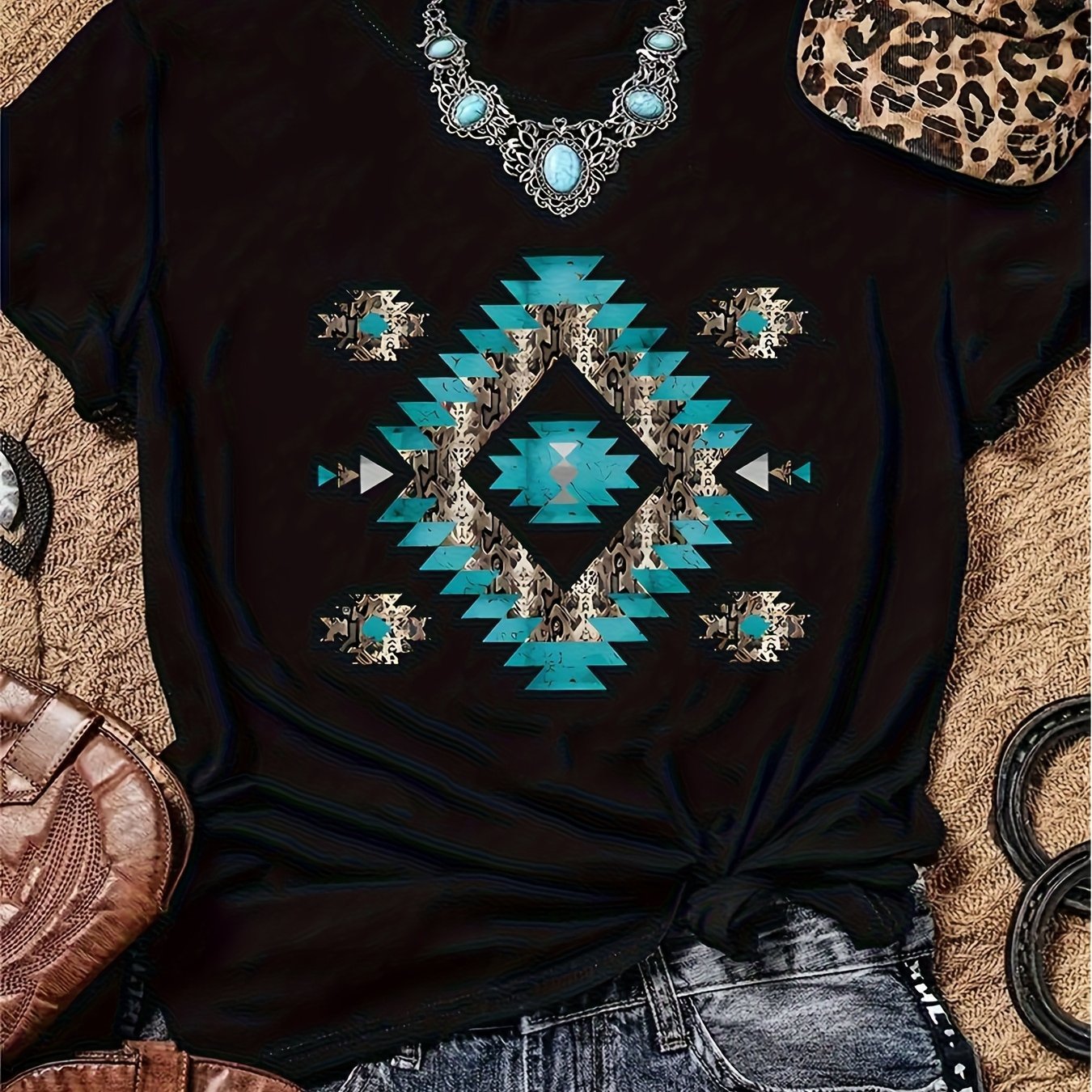 TEMU Black Short-sleeved Round Neck T-shirt Featuring Tribal Print, Perfect For Casual Wear And Festivals. This Is Machine Washable And Suitable For