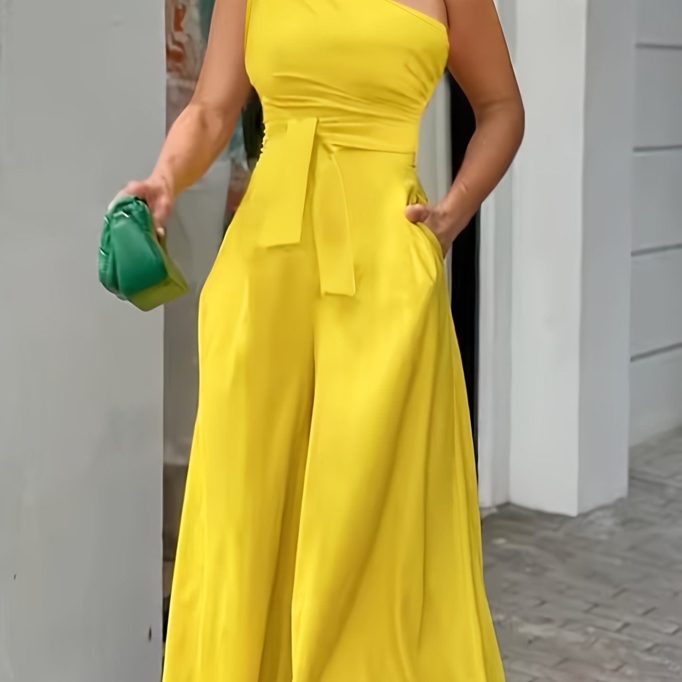 TEMU Nouveau combinaison pour femmes, printemps/été, couleur unie, col d'épaule, décontractée, poche, décoration de la taille avec nœud, , jambe