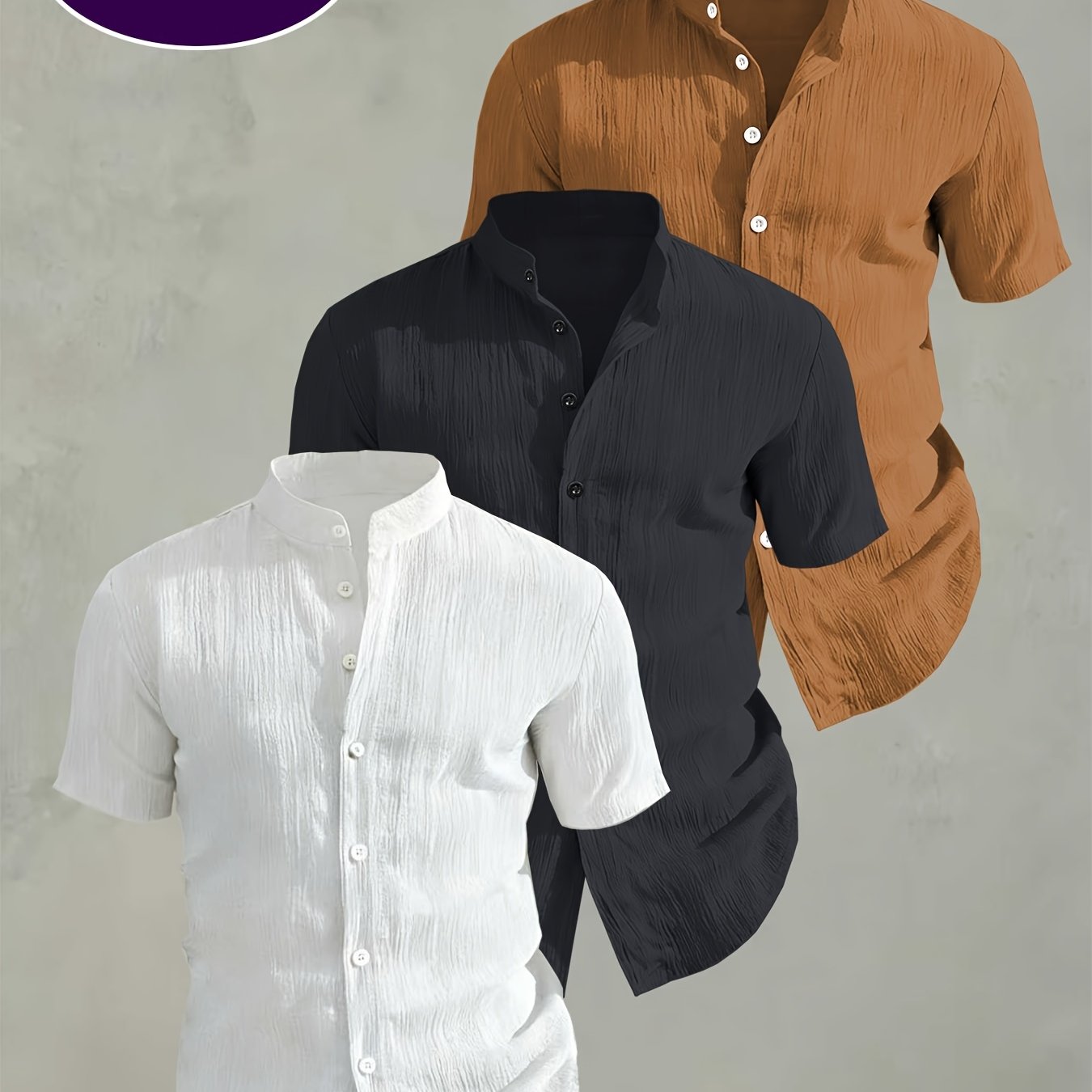 TEMU 3pcs Men's Summer Short-sleeve Shirt Set - Lightweight And Breathable Solid-color Button- Shirt With A Collar, Machine Washable, Suitable For