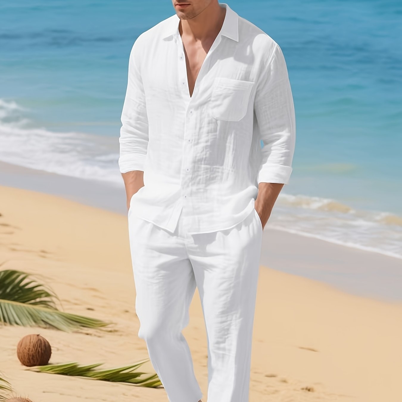 TEMU Men's Style- Suit Loose Breathable Shirt And Pants 2pcs Set