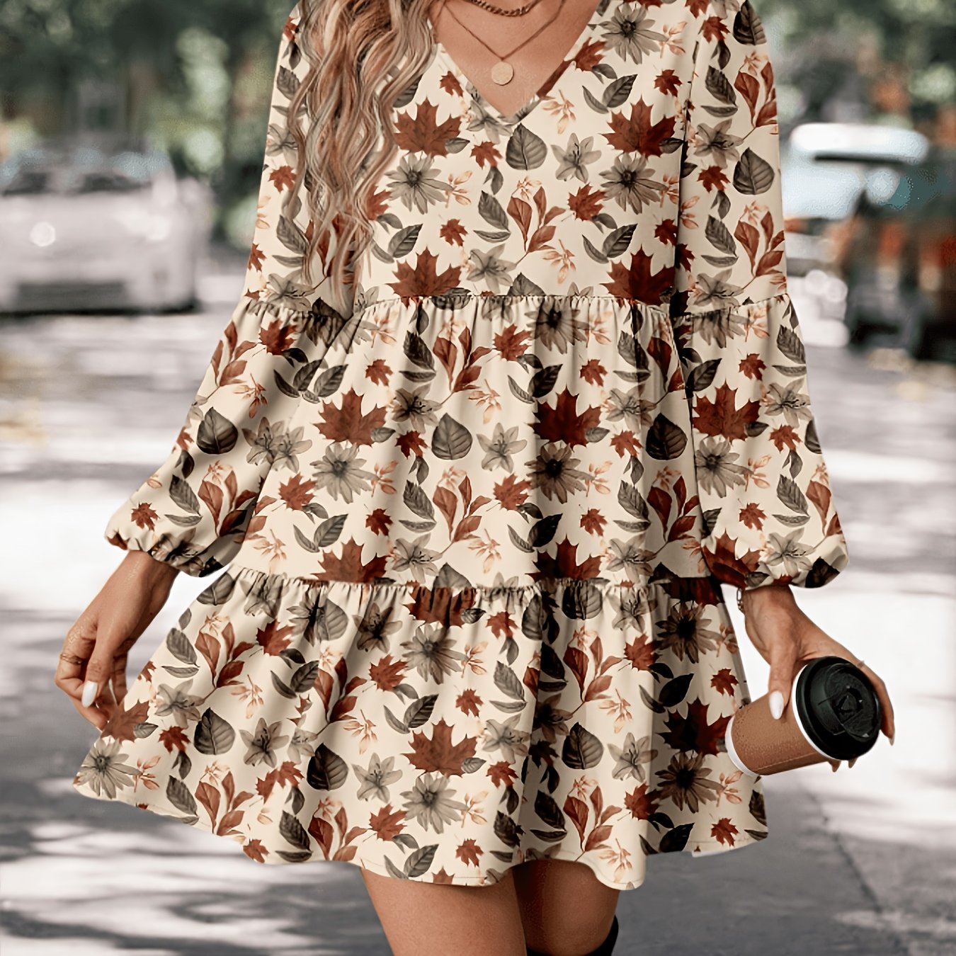 TEMU Women's Autumn Maple Leaf Floral Print V-neck Long Sleeve Dress, Lantern Sleeve High-waist Babydoll Dress, Loose Ruffle Hem Short A-line Skirt