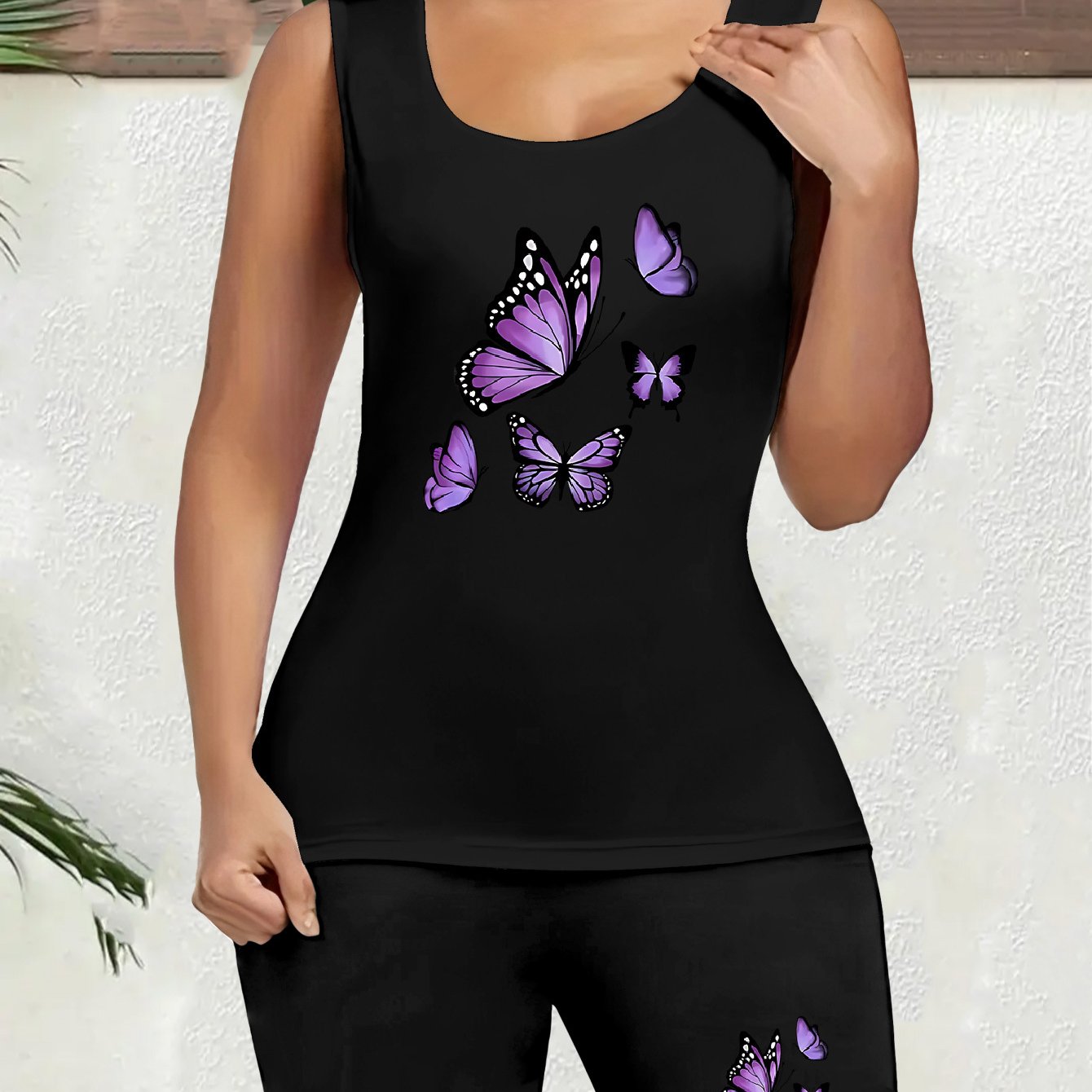 TEMU Summer Purple Print Premium Cozy Women's Tank Top And Shorts Set