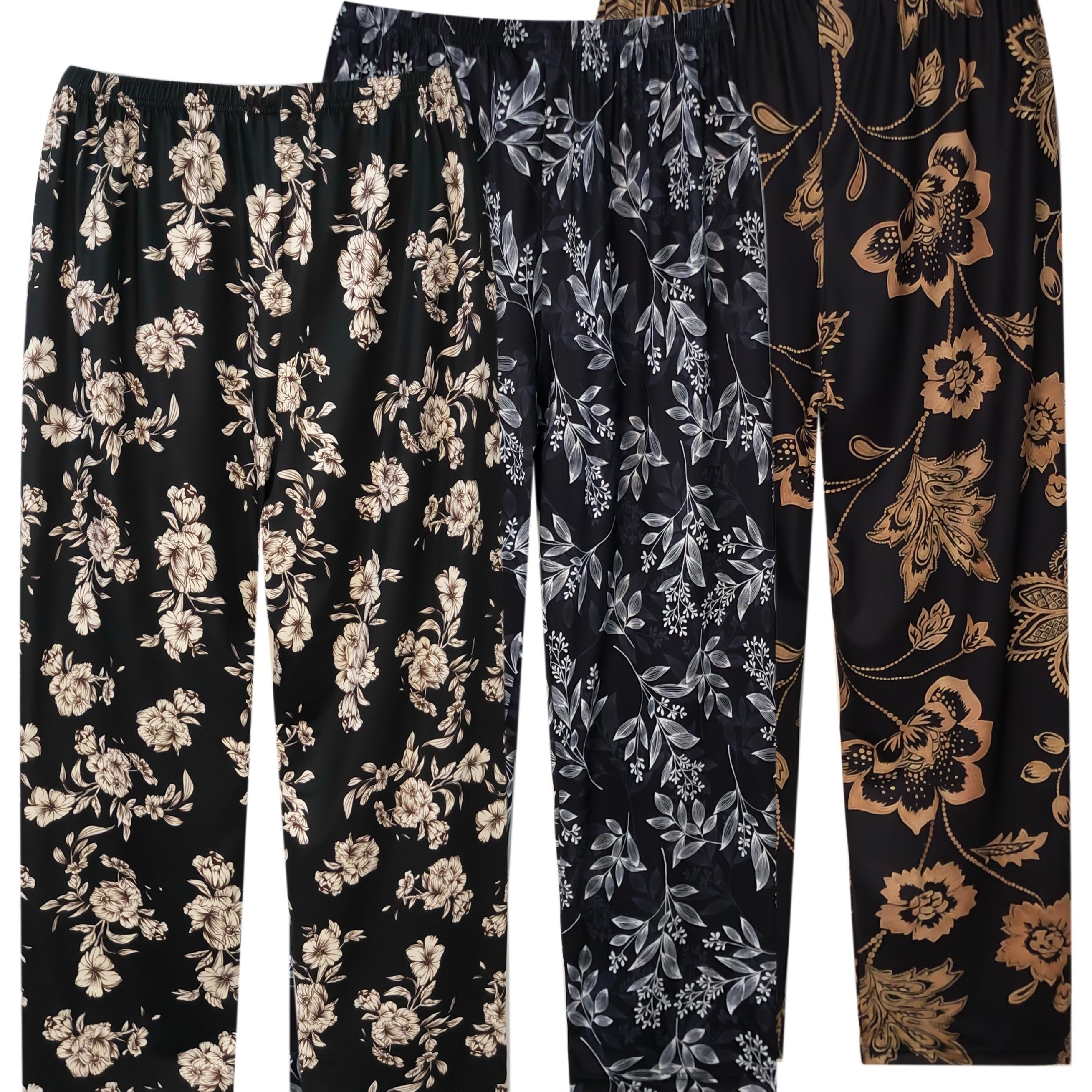 E-shop Set mit 3 bedruckten, hochtaillierten Lounge-Hosen in Übergröße für Damen, leichte Sommer-Hosen mit weitem Bein für entspannte Stunden zu Hause